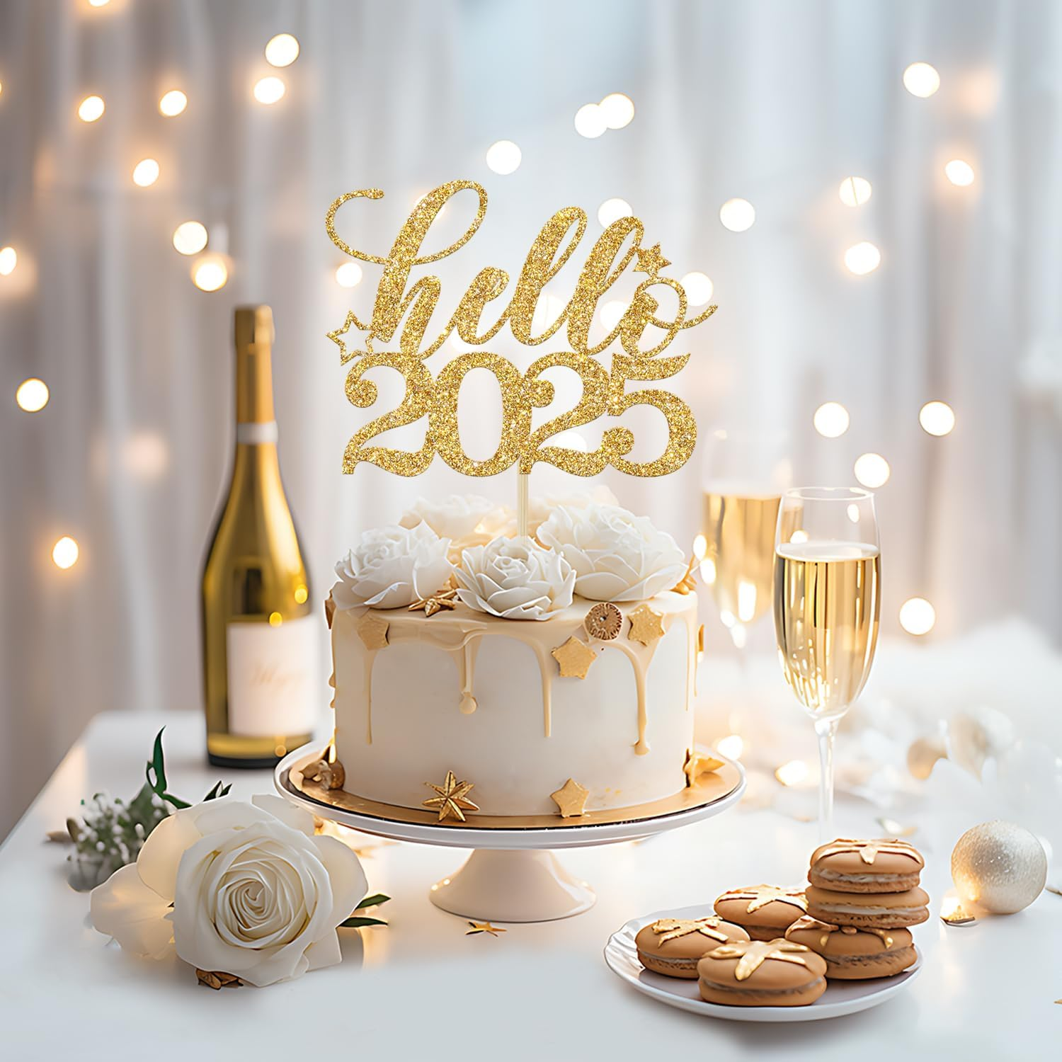 Hello 2025 Cake Topper, Happy 2025 Party Decor, Happy New Year Cake Decorations, 2025 New Years Eve Party Decorations Supplies, Gold Glitter image number 6