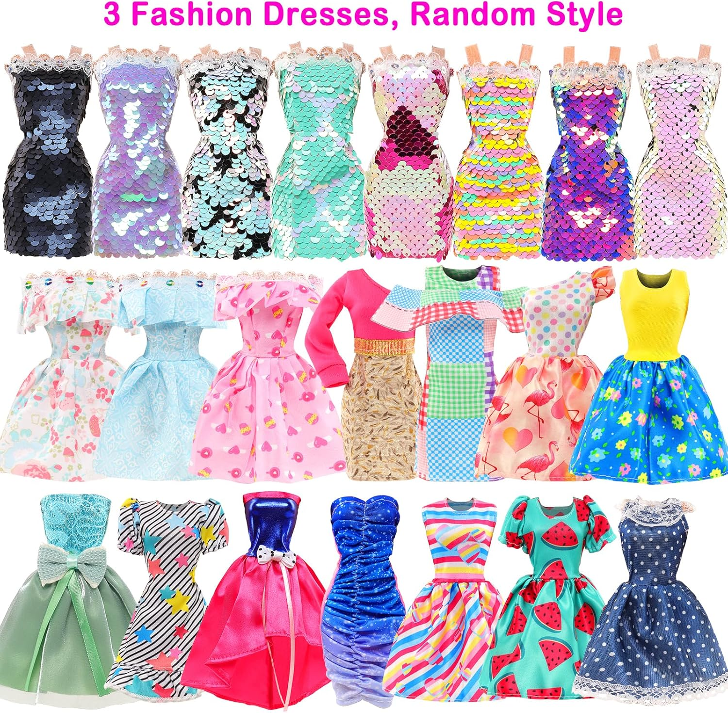 Barwa 44 Accessories for 11.5 Inch Girl Dolls: 3 Fashion Dresses + 3 Long Dresses + 3 Mini Dresses + 3 Tops + 3 Pants + 2 Swimsuits + 27 Accessories (Doll NOT Included) image number 4