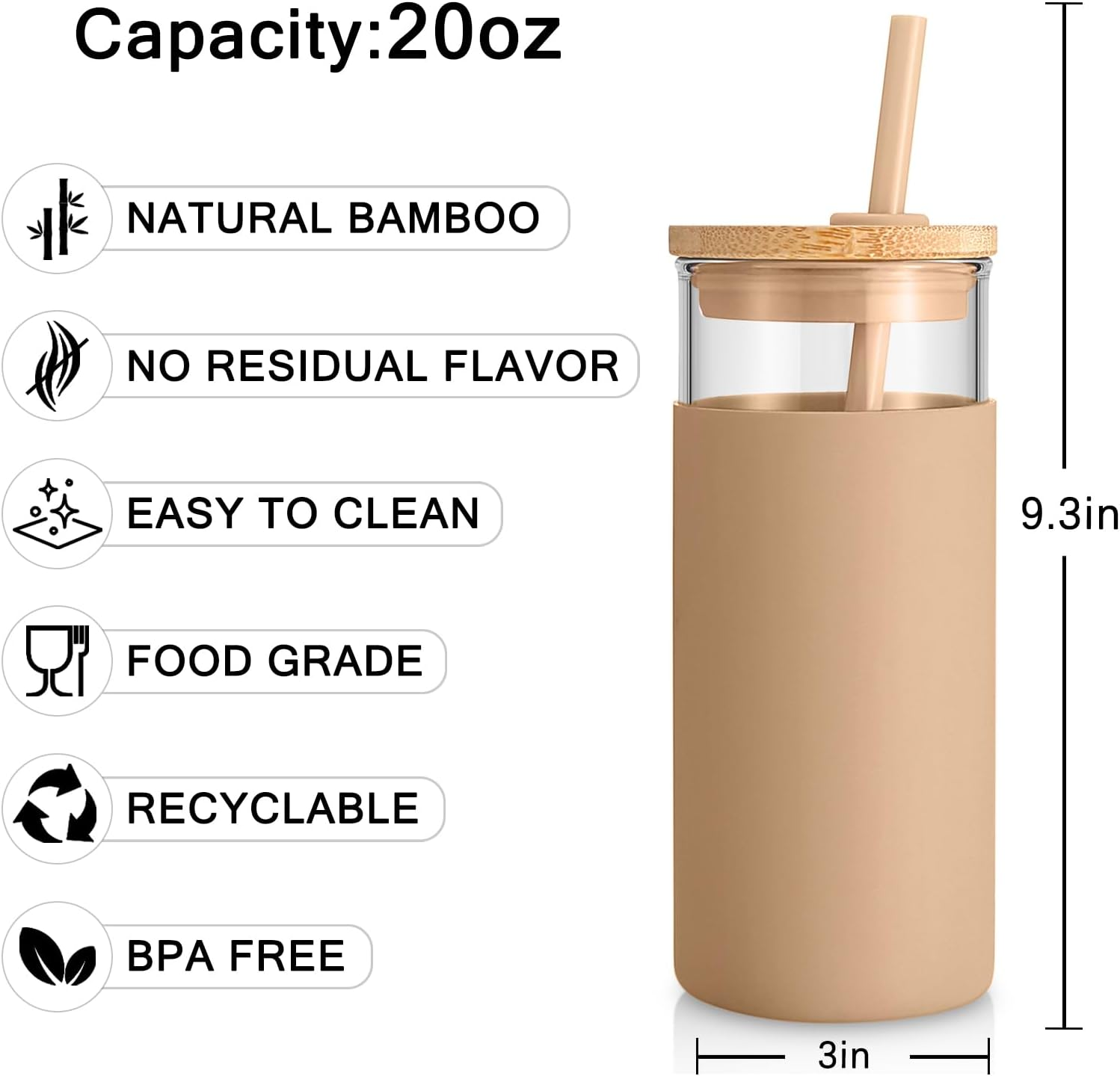 Tronco 20Oz Glass Tumbler Glass Water Bottle Straw Silicone Protective Sleeve Bamboo Lid - BPA Free, White image number 5