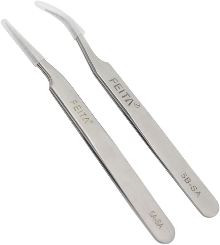Eyelash Tweezers Set - FEITA Precision Eyelash Extension Tweezers - Professional Slant & Curved Pointed Very Fine Tip Tweezers for False Lashes - Silver - 2 Pcs image number 2