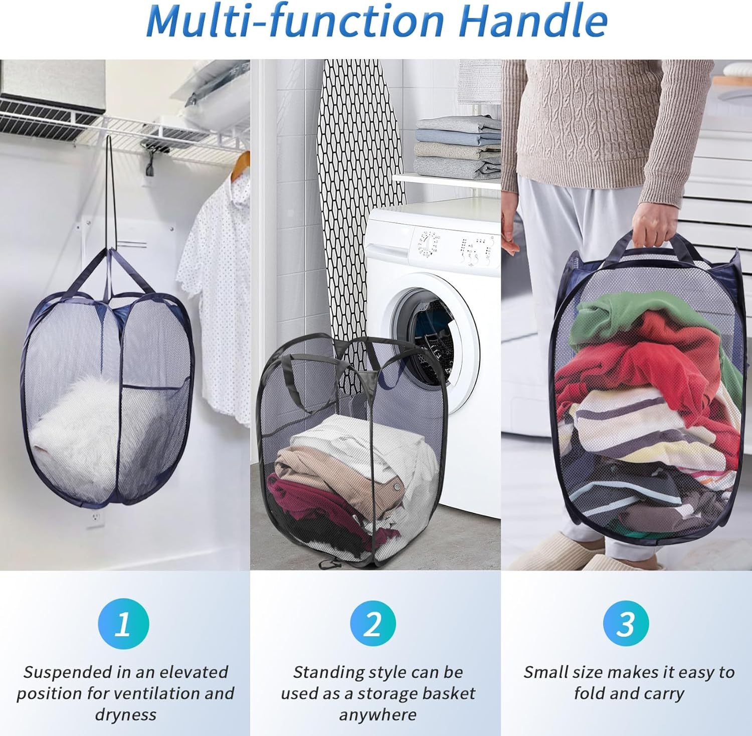 Annhua Collapsible Laundry Basket 75L Mesh Hamper with Handles, Portable Washing Bin with Square Opening for Home, Travel & Bathroom - Black