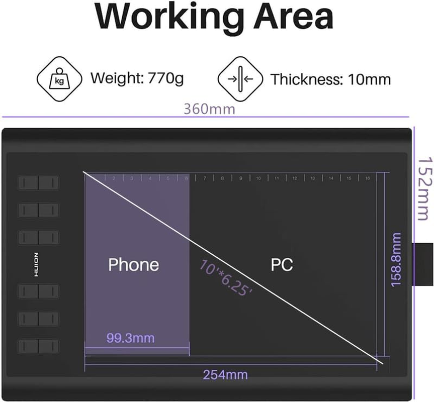 HUION Inspiroy H1060P Graphics Drawing Tablet 10 X 6.25 Inch with 8192 Pressure Sensitivity Battery-Free Stylus and 12 Customized Hot Keys, Digital Art Tablet for Mac, Windows PC and Android image number 3