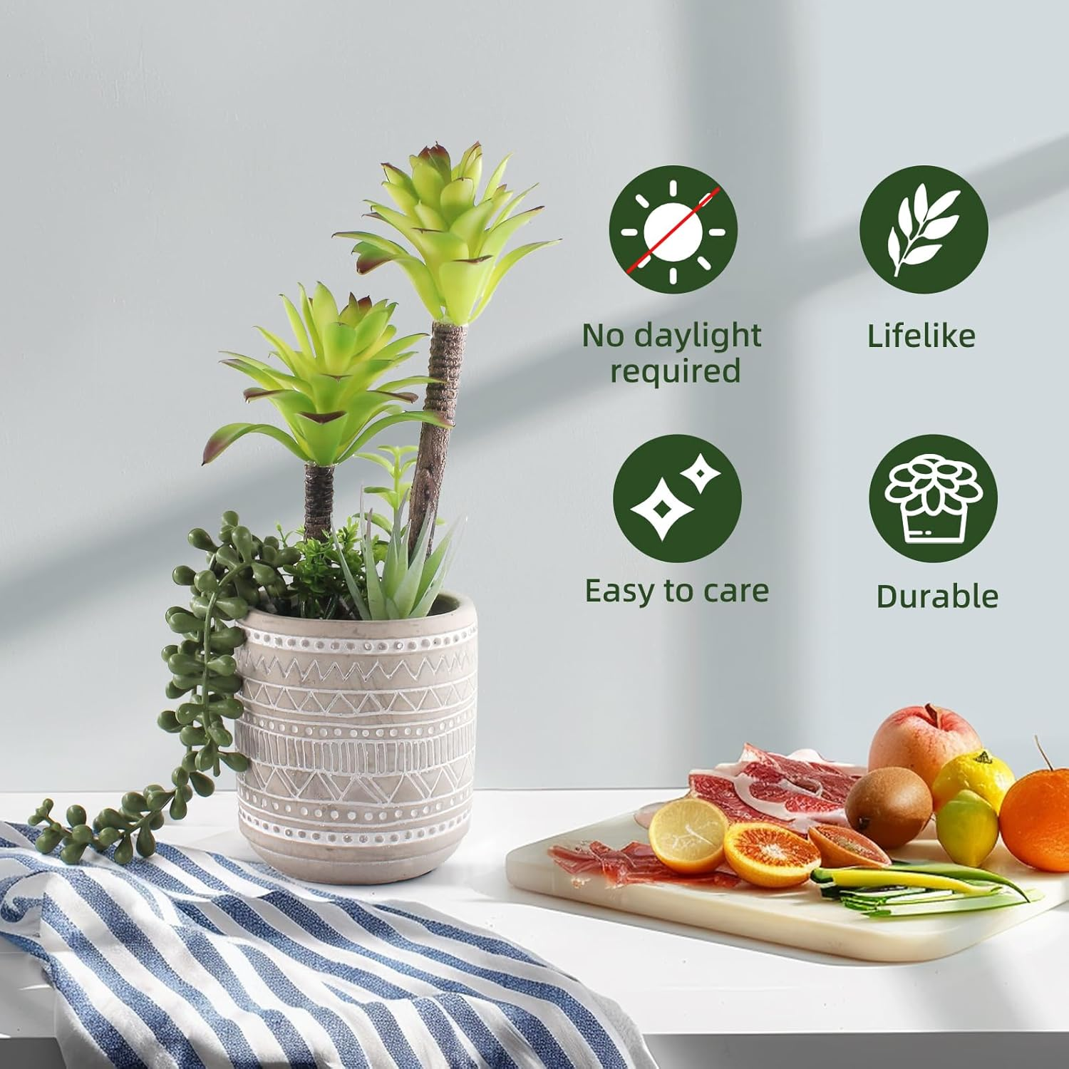 Artificial Succulents 11.8 Inch Fake Plants Premium Realistic Textured Faux Succulents Aloe String of Pearls Potted Ceramic Plant for Home Decor image number 5