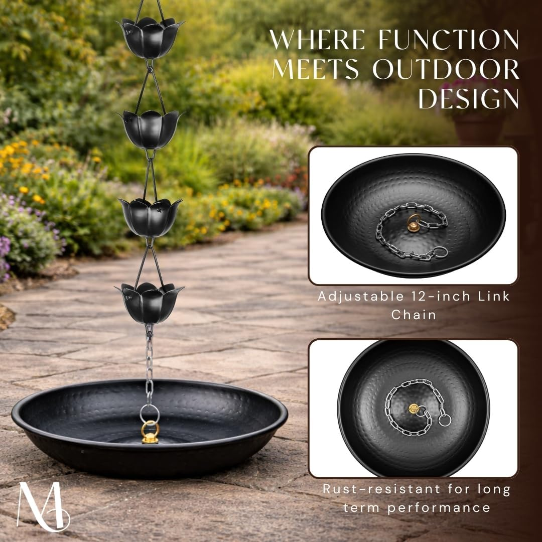 Monarch Rain Chains 15 Inch Basin Hand Hammered Rain Chain Anchoring Basin Downspout Gutters for Outdoor Garden, Lawn and Patio Water Feature, 15 Inch Diameter, Matte Black image number 4