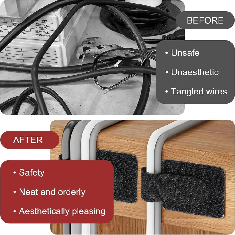 Suithink 60 Pieces Hook and Loop Cable Ties, Self-Adhesive Hook and Loop Cable Ties, with Strong Adhesive Tape for Under-Desk Management, Nylon Wire Tidy for Home & Office image number 1