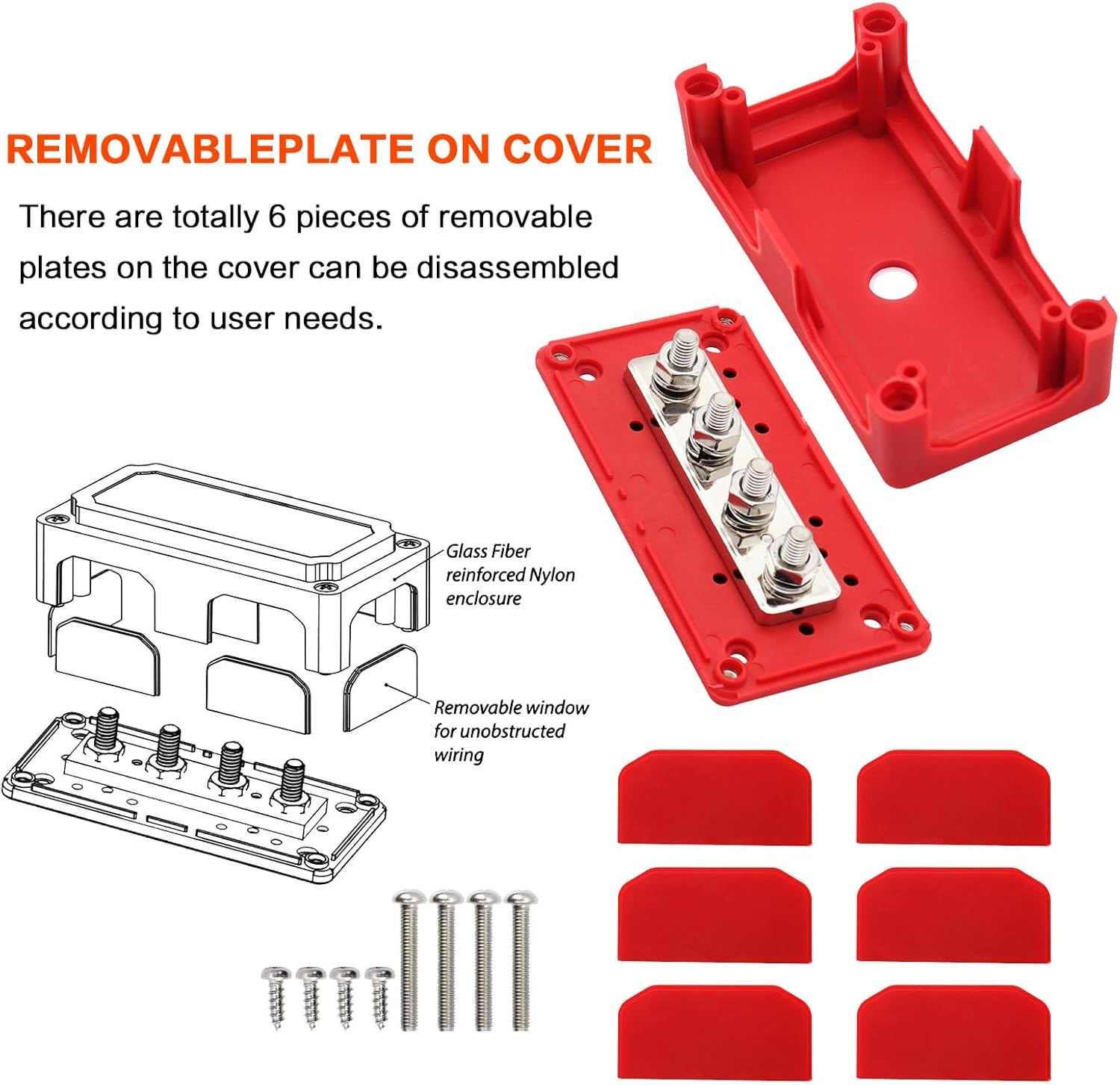 300A Bus Bar Box Heavy Duty Module Design Nickel Plated Brass Buss Battery Power Distribution 4Xm8(5/16") Stainless Steel Terminal Studs Marine Ground DC12 24 48V（Red） image number 1