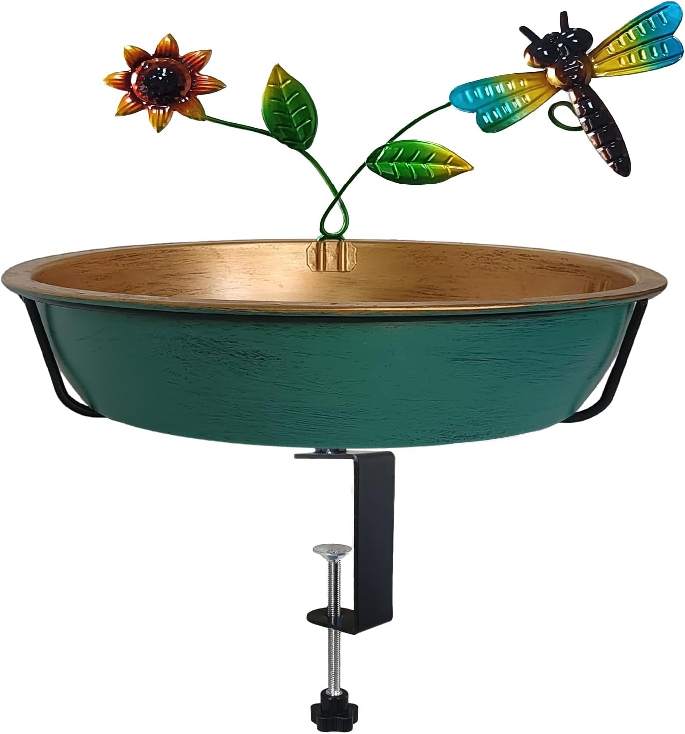 Deck Bird Bath for Outdoors, 13 Inch Large Green/Bronze Metal Birdbath Bowl with Adjustable Big Steel Clamp Backyard Birdbath Bird Feeder for Railing Balcony Fence Yard Art Garden Decor image number 5