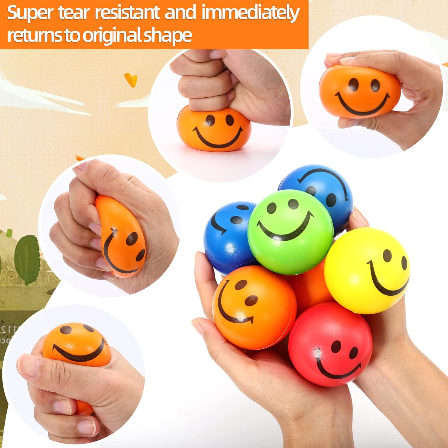 24 Pack Stress Balls Bulk,2.5 Inch Face Squeeze Balls,Smile Balls,Party Favor Soft PU Balls,Stress Relief for Finger Exercise School Carnival Reward,Assorted Colors Random Pattern image number 3