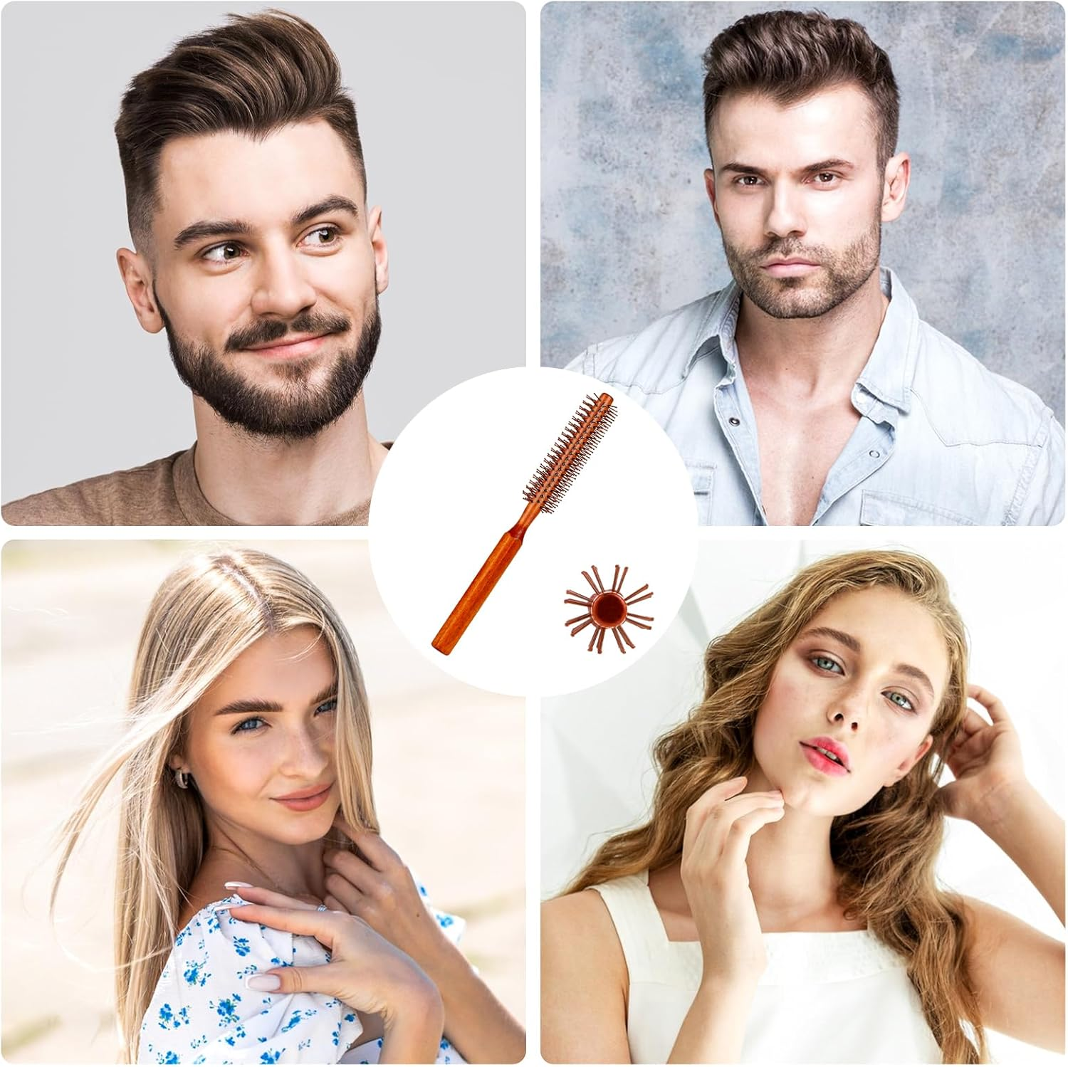 Small round Brush for Blow Drying, Hair Brush with Wooden Handle, Nylon Bristles for Wet Hair, Bangs, Beard, Styling, Lifting, Curling image number 3