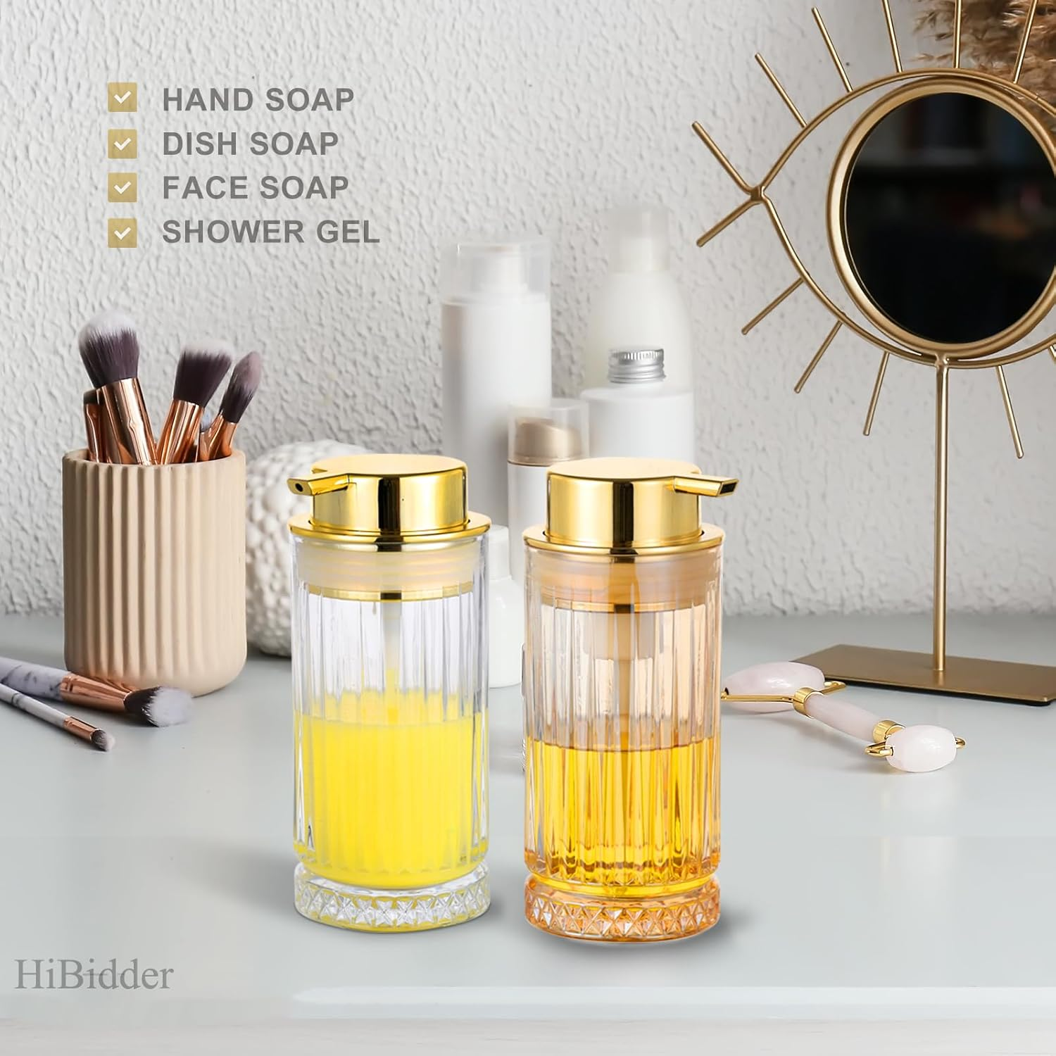 Glass Liquid Soap Dispenser with Gold Pump, Liquid Hand Soap Dispenser for Bathroom, Kitchen, Modern Home Decor （Liquid Type/Clear） B32-3-AU