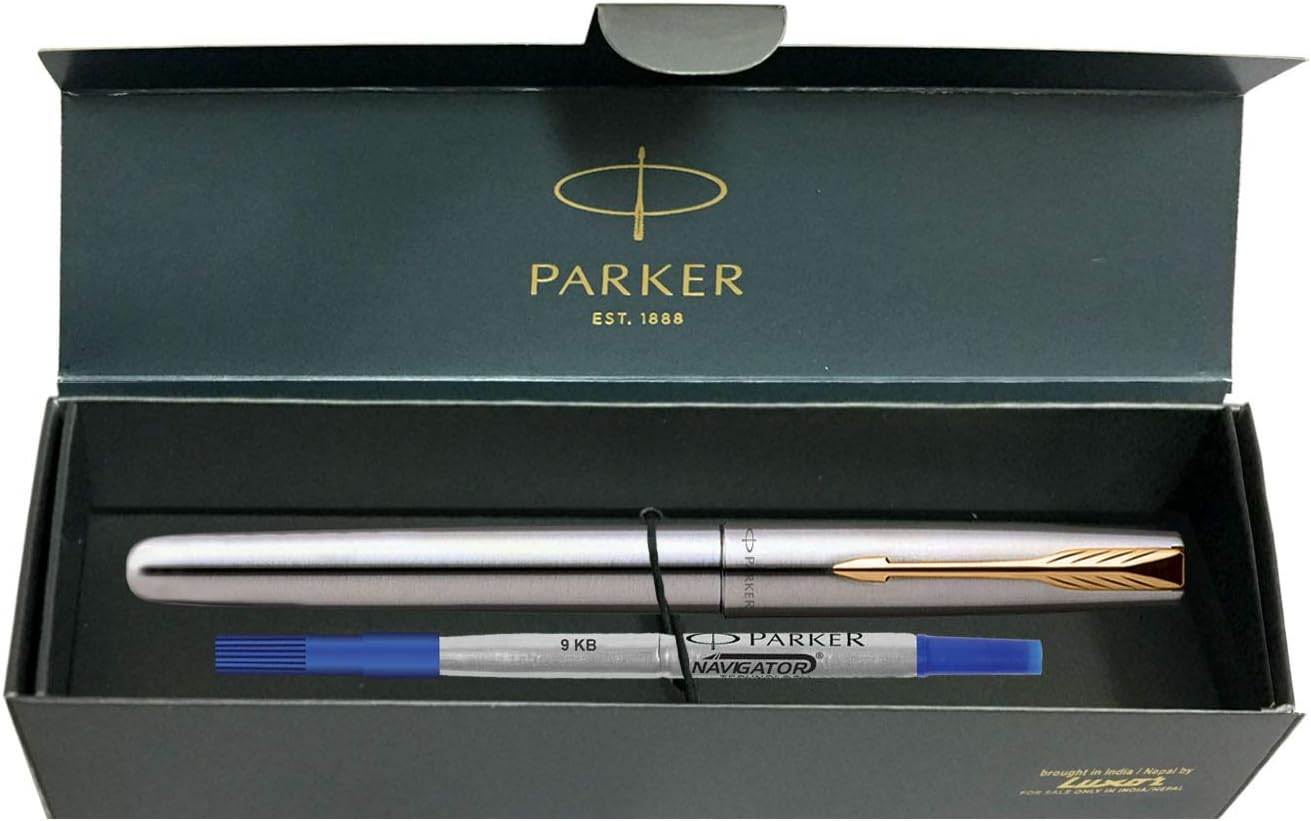 Parker Frontier Stainless Steel Gold Trim Blue Ink Roller Ball Pen image number 4