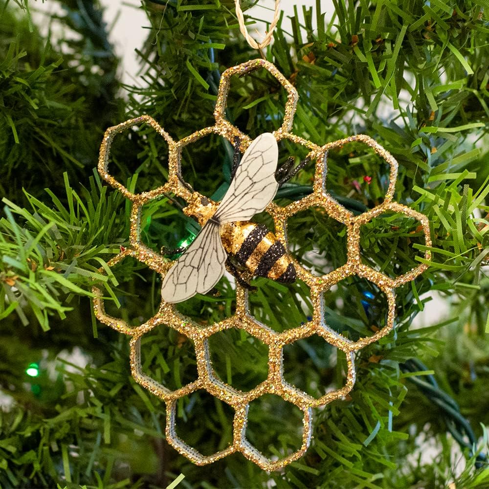 Honey Bee and Comb Ornament | Made of Folded Newspaper and Accented with Gold-Tone Glitter | Beautiful Holiday D&eacute;cor for Christmas Tree, Wreath, or Garland! image number 2
