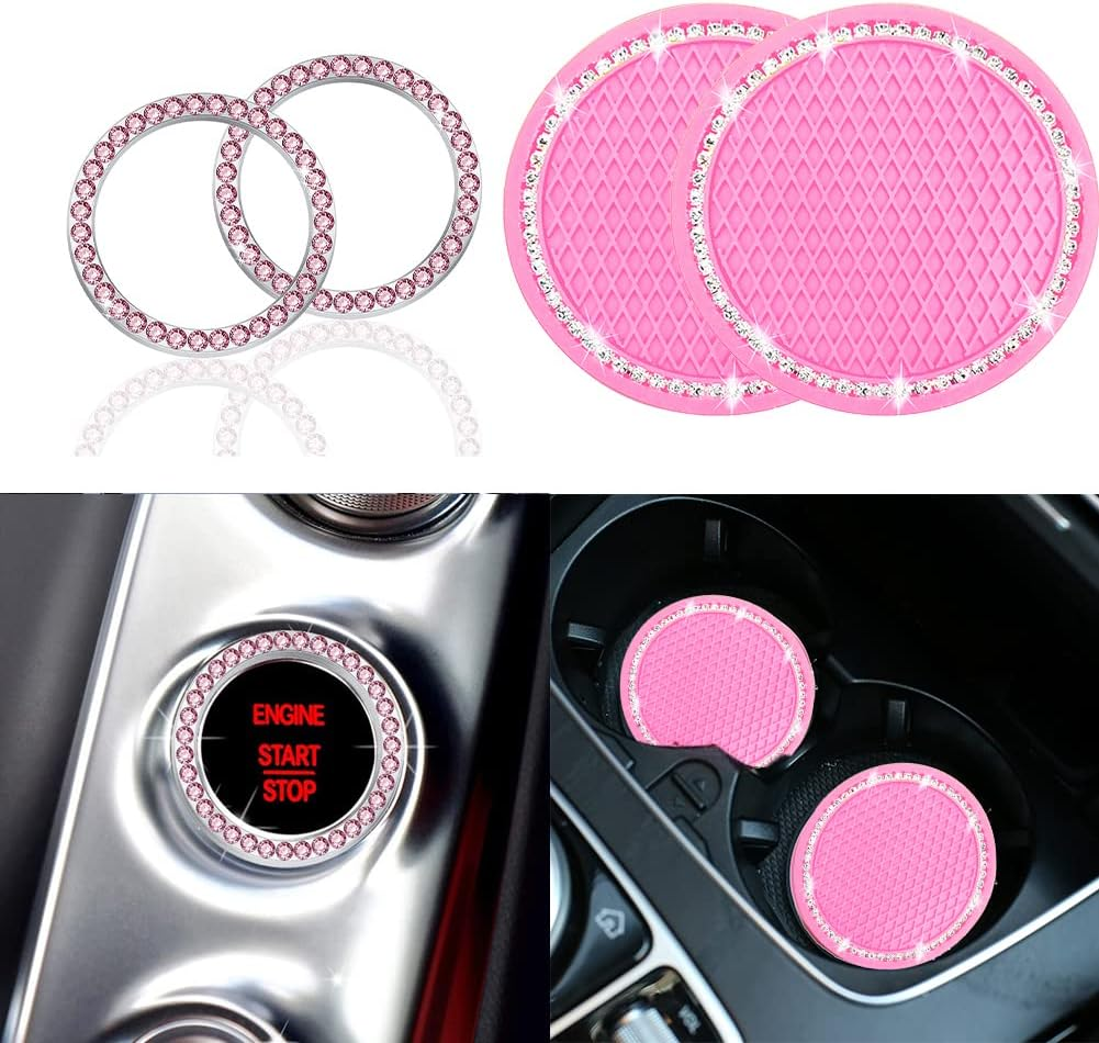 4PCS Sets Pink Bling Car Cup Holder Coasters for Car & Shiny Pink Push to Start Button Cover Key Ignition Ring Universal Auto Cute Pink Car Accessories Interior Decor for Women