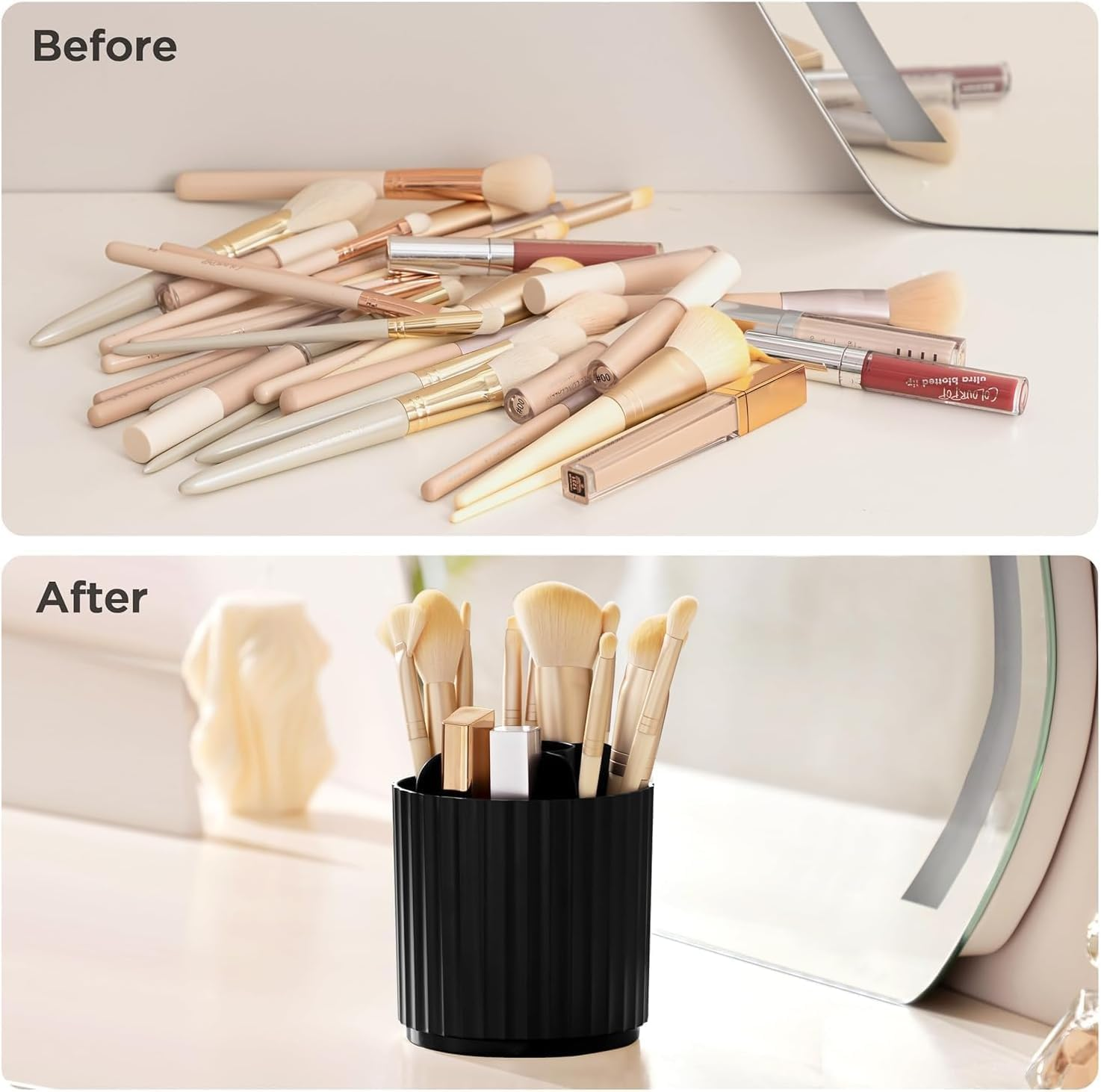 Large Capacity Makeup Brush Holder, 5 Slot Make up Brushes Cup, Cosmetic Storage Box Makeup, 360&deg; Rotating White Makeup Organizer, Makeup Brush Holder Organizer,Rotating Cosmetic Organizer (Black) - White image number 6