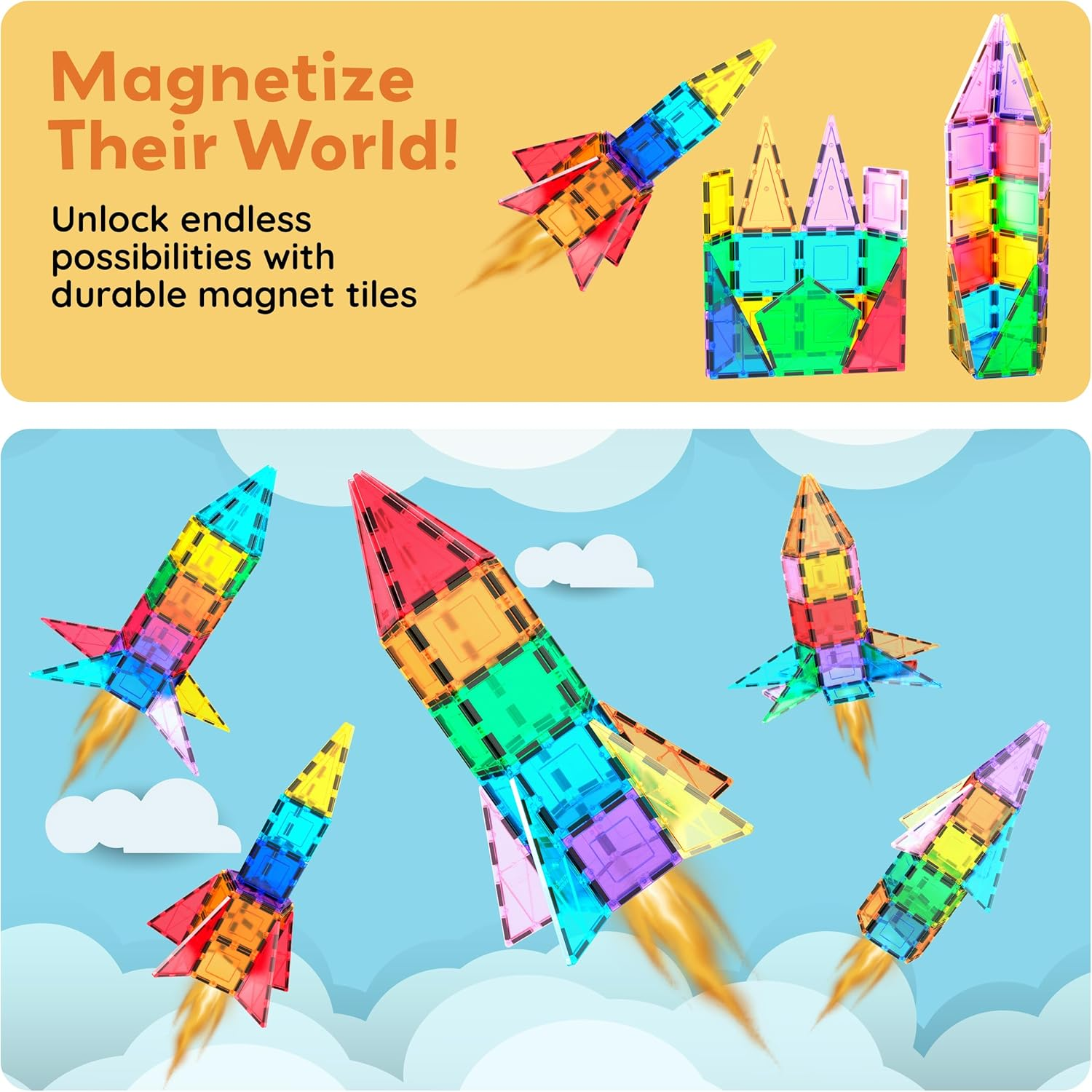 Picassotiles 32 Piece Magnetic Building Block Rocket Booster Theme Set Magnet Construction Toy Educational Kit Engineering STEM Learning Playset Child Brain Development Stacking Blocks Playboard PT32