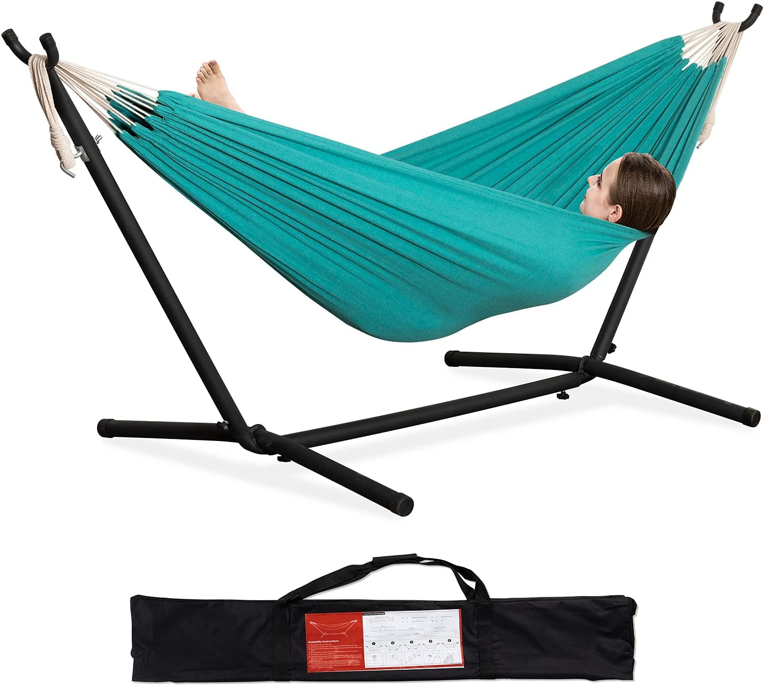 PNAEUT Double Hammocks with Stand for Outside, Portable Space Saving Heavy-Duty Steel Stand for Indoor Outdoor Patio with Carrying Bag, 450 Lbs Capacity (Aqua) image number 1