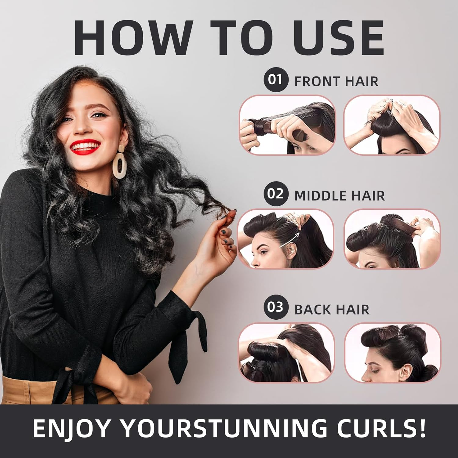 Overnight Curlers, 3 Pieces Soft Velvet Heatless Curls Band, Hair Curler No Heat, Overnight Curls, Curls without Heat for Long Short Hair, Straight or Curly Hair (Black) image number 5