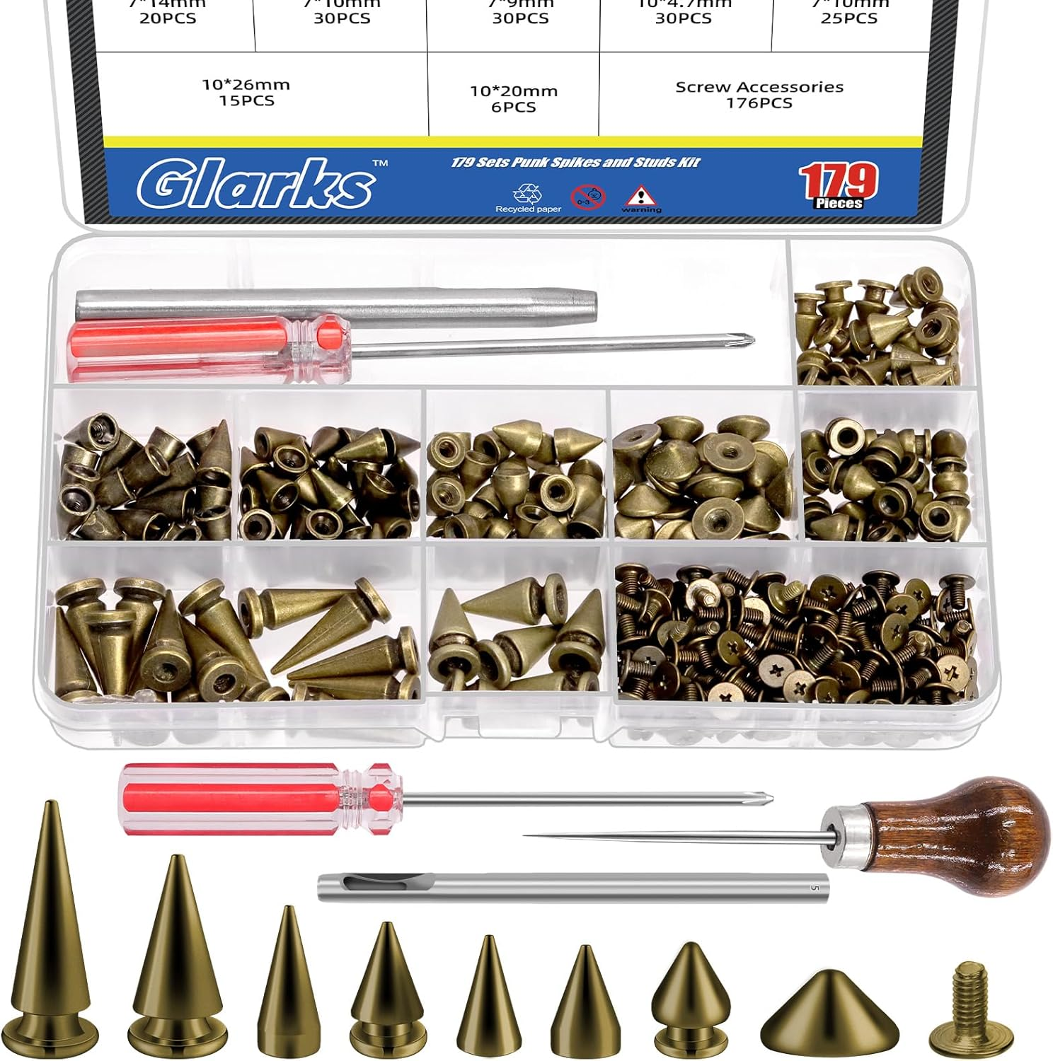 Glarks 355Pcs Silver Punk Spikes and Studs Kit, 7 Sizes Zinc Alloy Cone Spike and Stud Rivet, Metal Leather Tree Spikes Studs with Scratch Awl Screwdriver Punch for Punk Clothing Jacket Shoes Wallet