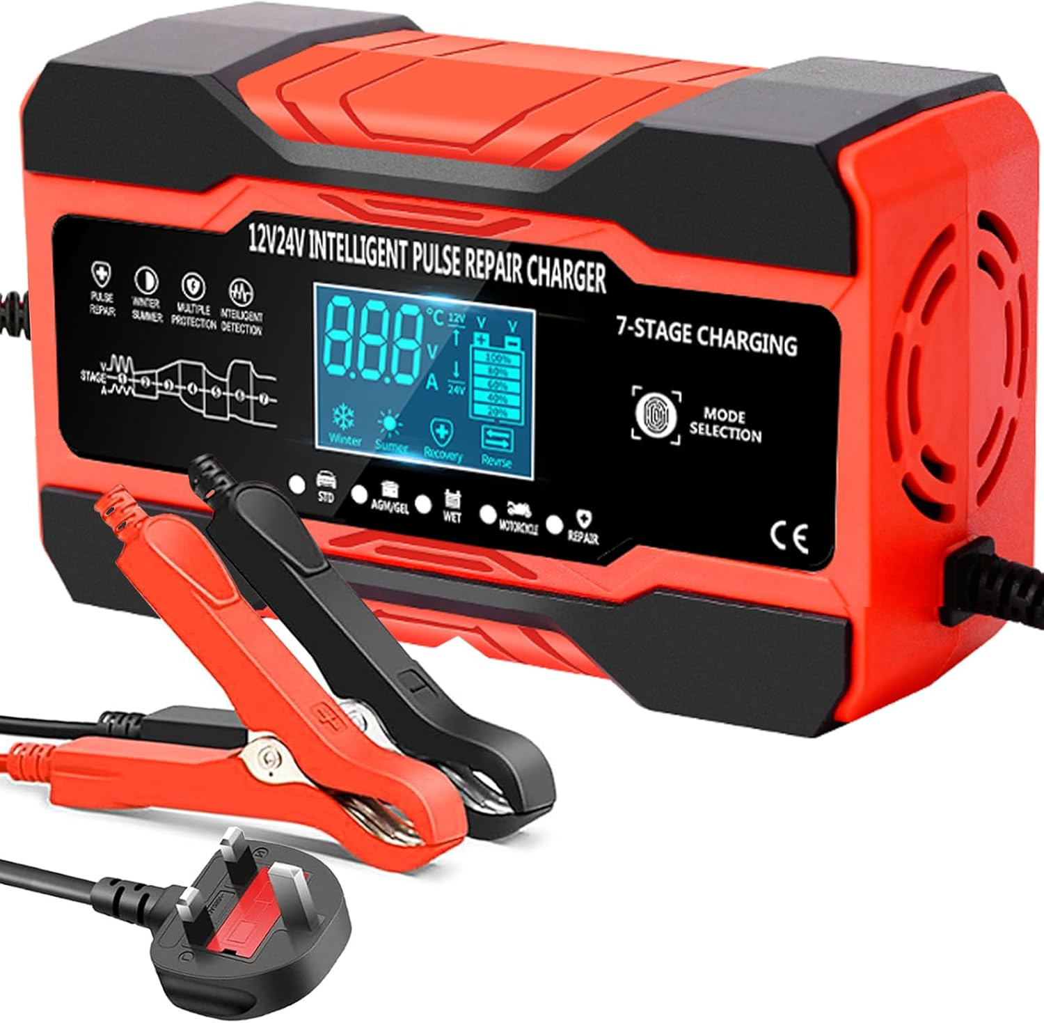 10A Battery Charger, 12V/24V Automatic Charger with 7-Stage Charging, LCD Screen, for AGM, WET & GEL Lead Acid Batteries