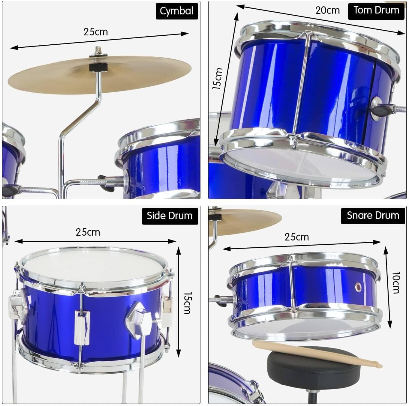 Childrens 4 Piece Blue Diamond Drum Kit Set Musical Instrument,Kids image number 6
