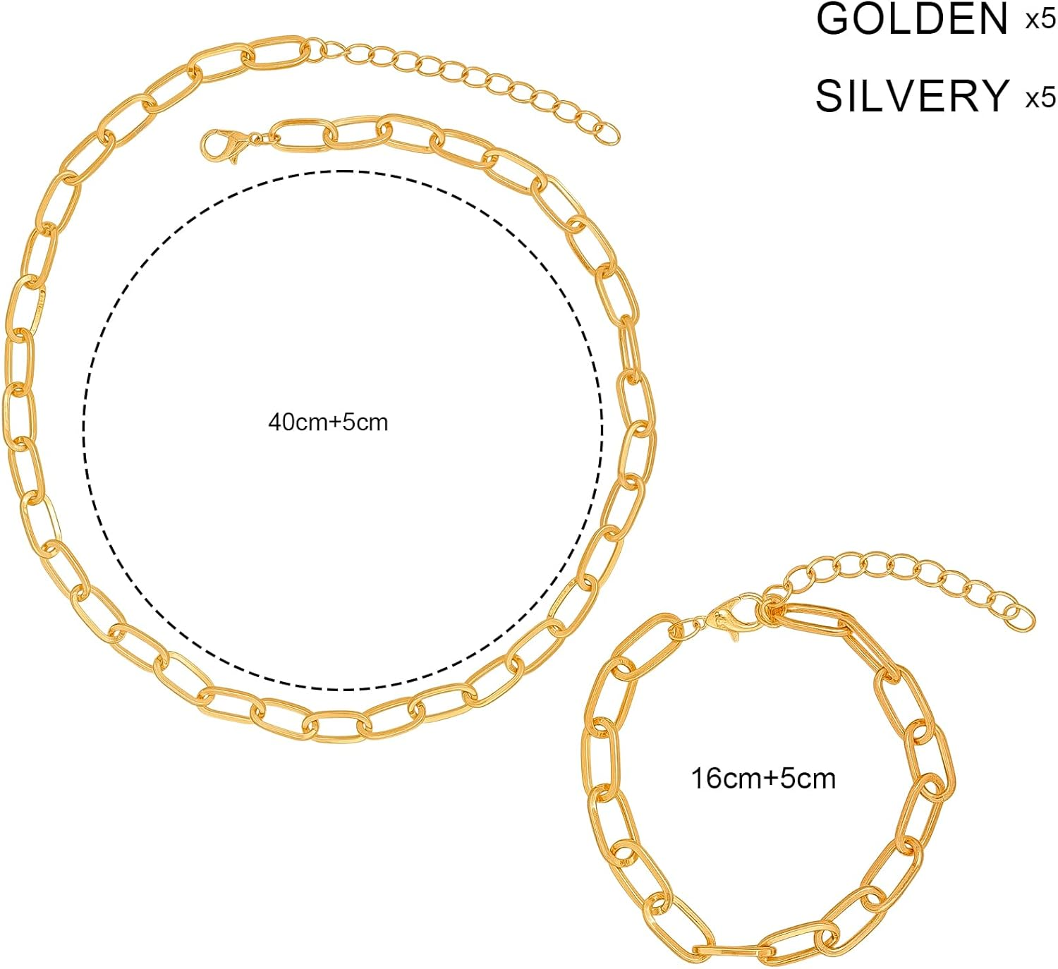 20Pcs Chain Bracelets 18 Inches Gold Paperclip Chain Necklace Kit Charm Necklace Alloy Link with Lobster Clasps for Jewelry Bracelet Making DIY Women Men