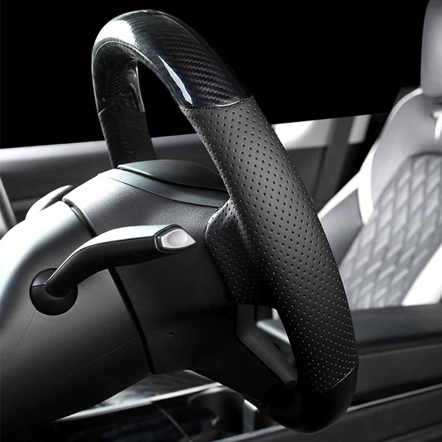 Tesla Steering Wheel Cover Microfiber Leather Hand-Stitched for Tesla Model 3/Model Y (Black-Breather Hole) image number 1