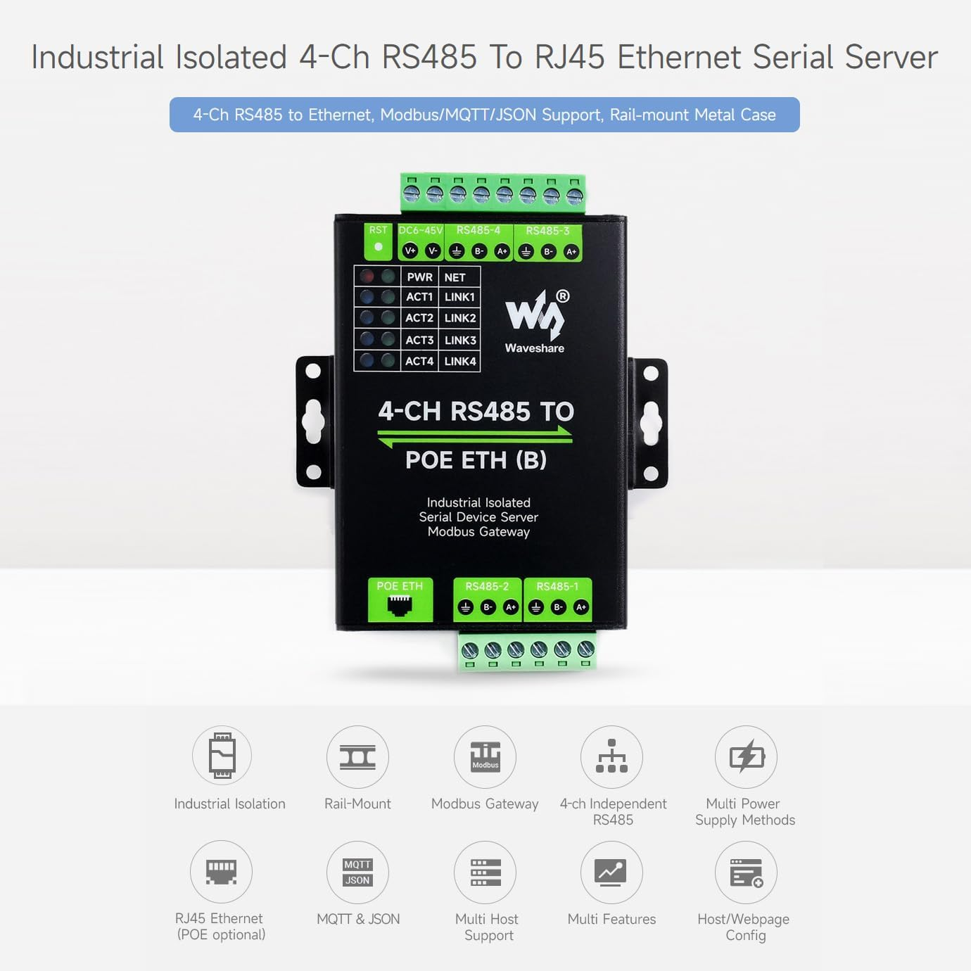 Waveshare 4-Ch RS485 to RJ45 Ethernet Serial Server, 4 Channels RS485 Independent Operation, Rail-Mount Industrial Isolated Serial Module, Modbus Gateway, Poe Ethernet Port image number 2