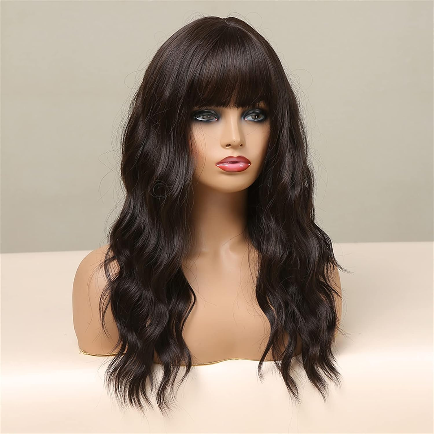 Eacam Long Curling Hair Wigs with Bangs Pastel Wavy Wig Wavy Hair Wig with Hair Net Heat Resistant Synthetic Black Hair Wigs for Women Cosplay Party Daily Use image number 6