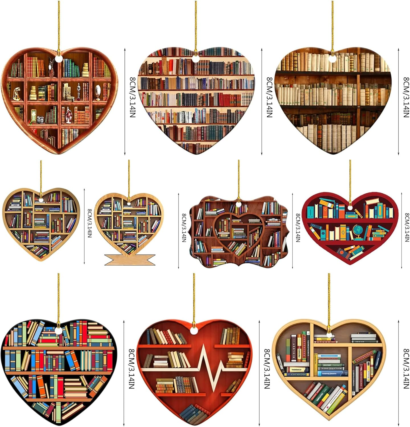 10 Pcs Book Lovers Heart Librarian Ornament,Books Stacked Ornament,Christmas Ornaments,Bookshelf Decor Ornaments,Library Ornament,Librarian Christmas Ornament - Heart image number 3