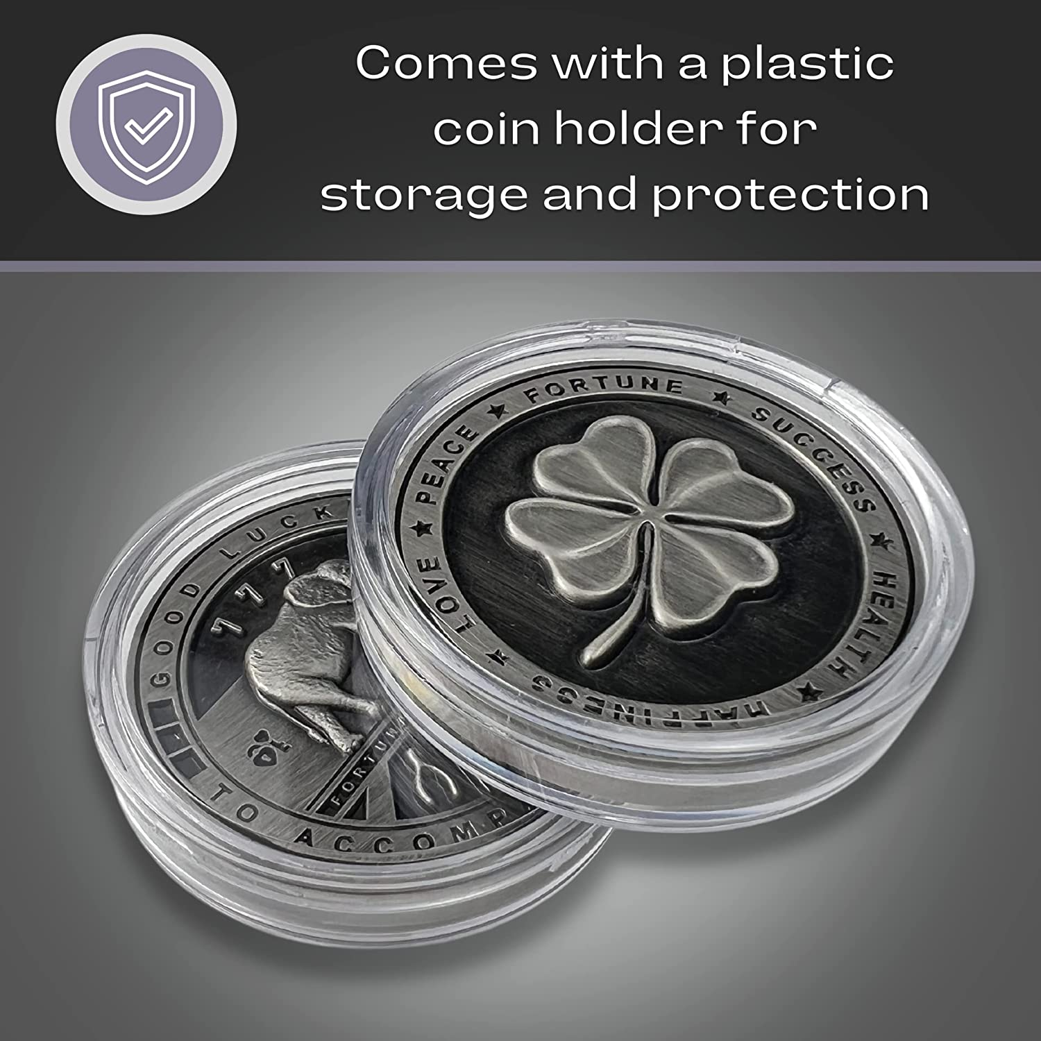 Luck Lab Two Sided Lucky Coin Featuring One Side with a Four Leaf Clover and One Side with Elephant and Lucky Symbols - 1.5 Inches