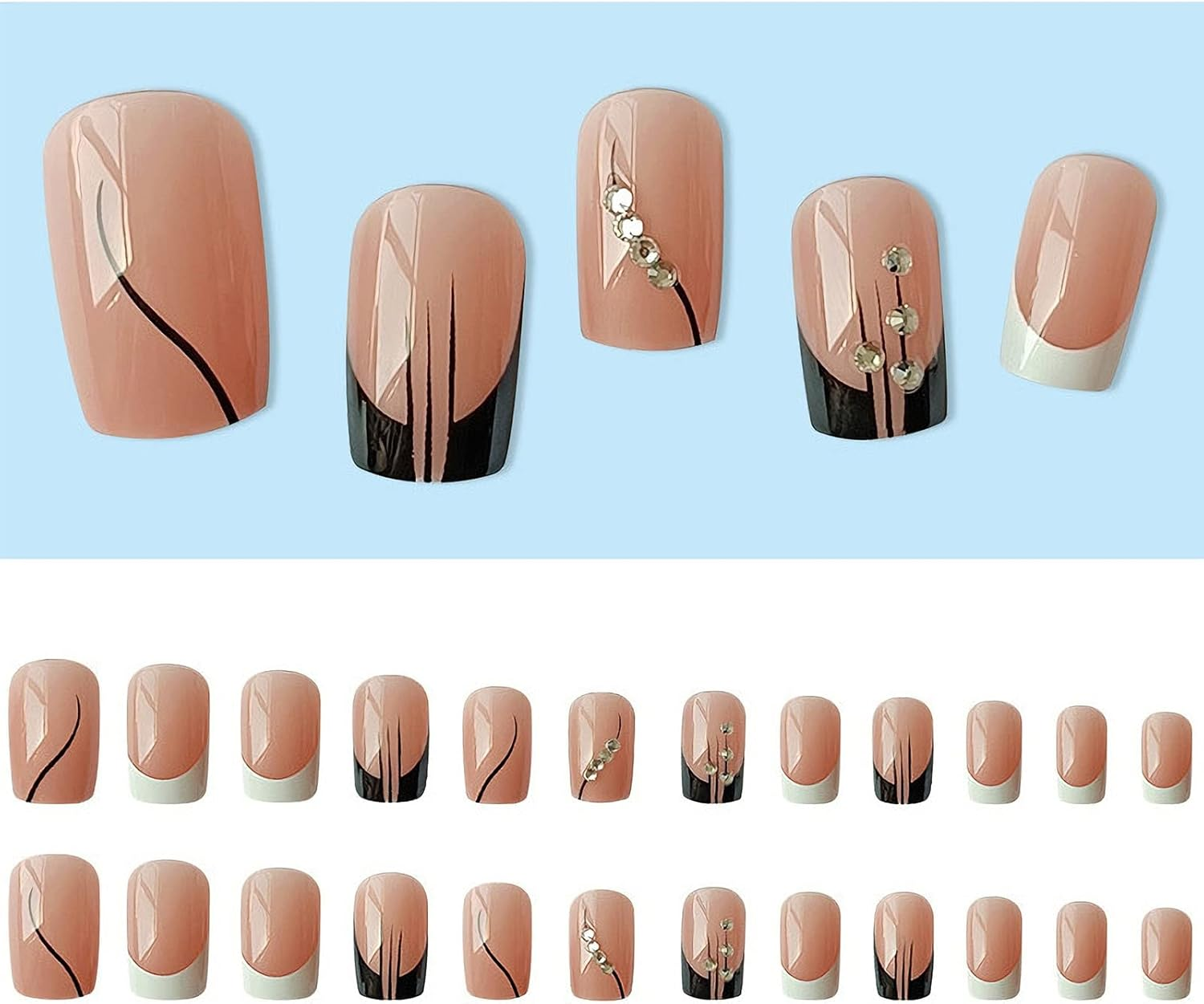 24 Pcs Square French Press on Nails Medium Fake Nails French Line Glue on Nails with Rhinestone Designs Full Cover False Nails Black White Nail Tips for Women Girls image number 4