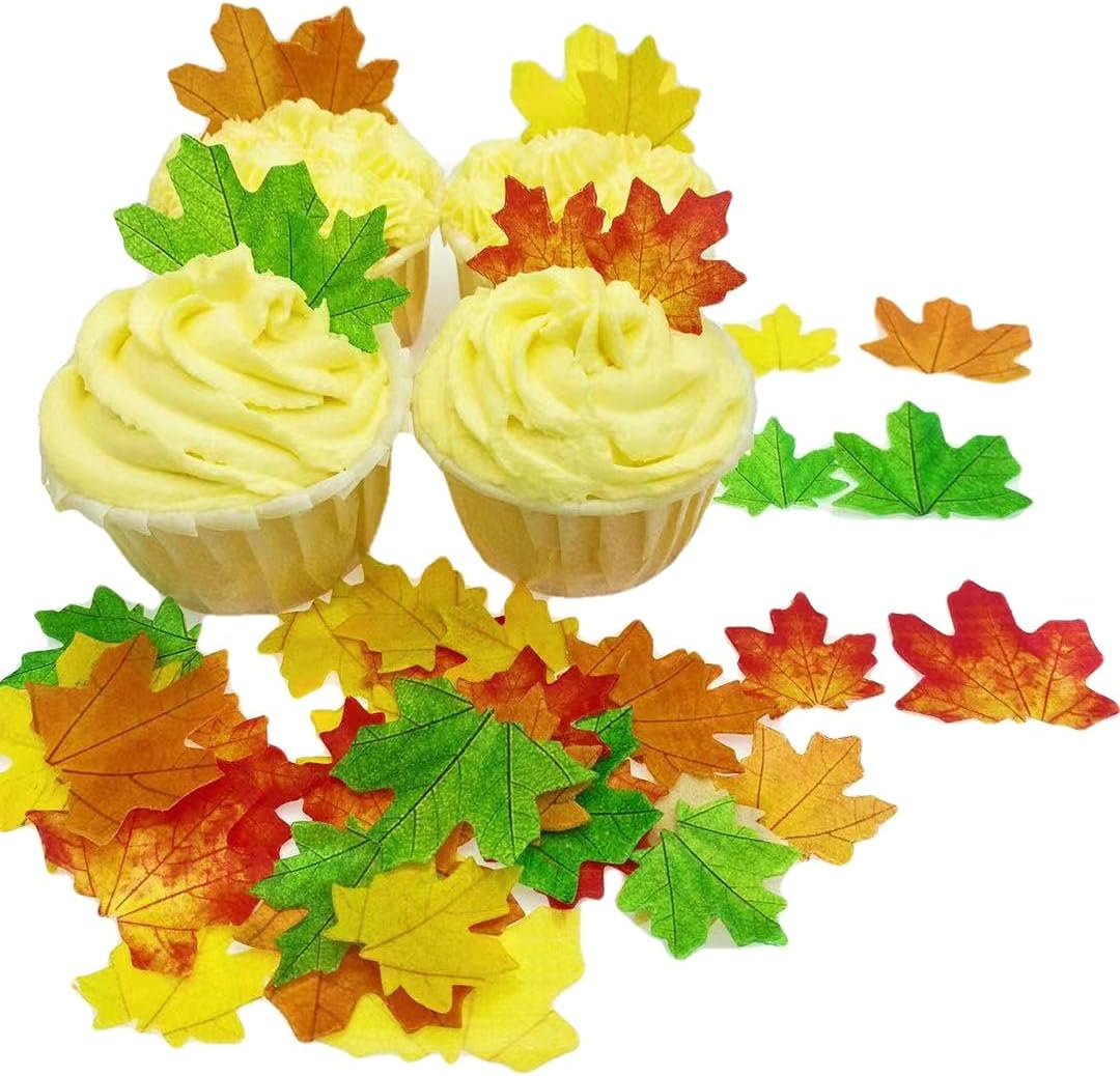 74Pcs Edible Fall Leaves Cake Cupcake Toppers for Baking Food Ice Cubs Rice Paper Autumn Maple Leaveswedding Happy Birthday Party Mixed 2 Size 4 Color image number 4