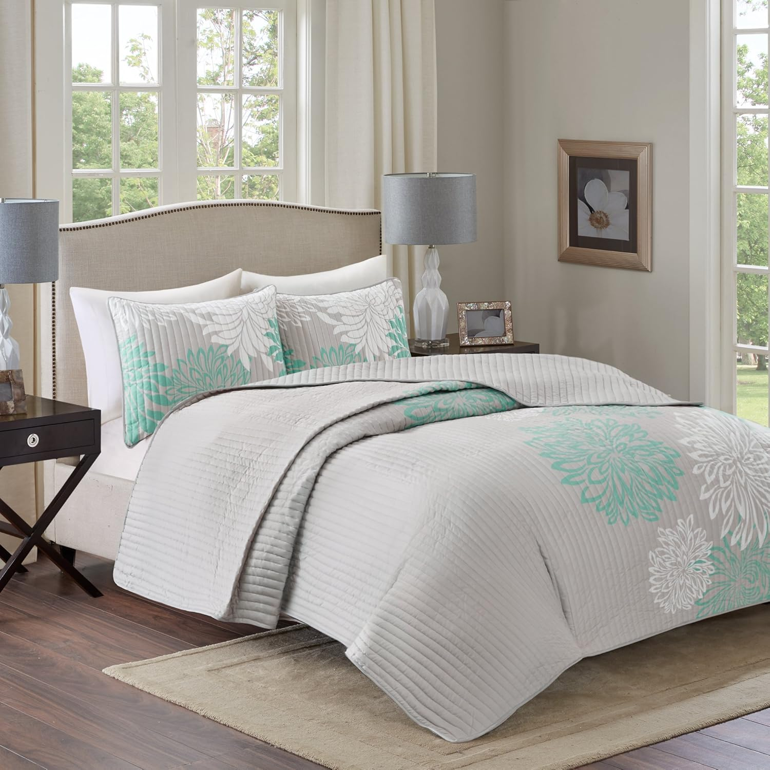 Comfort Spaces Enya Quilt Set - Casual Floral Print Channel Stitching Design, All Season, Lightweight Coverlet, Cozy Bedding, Matching Shams, Decorative Pillows, Full/Queen(90"X90"), Aqua 3 Piece image number 2