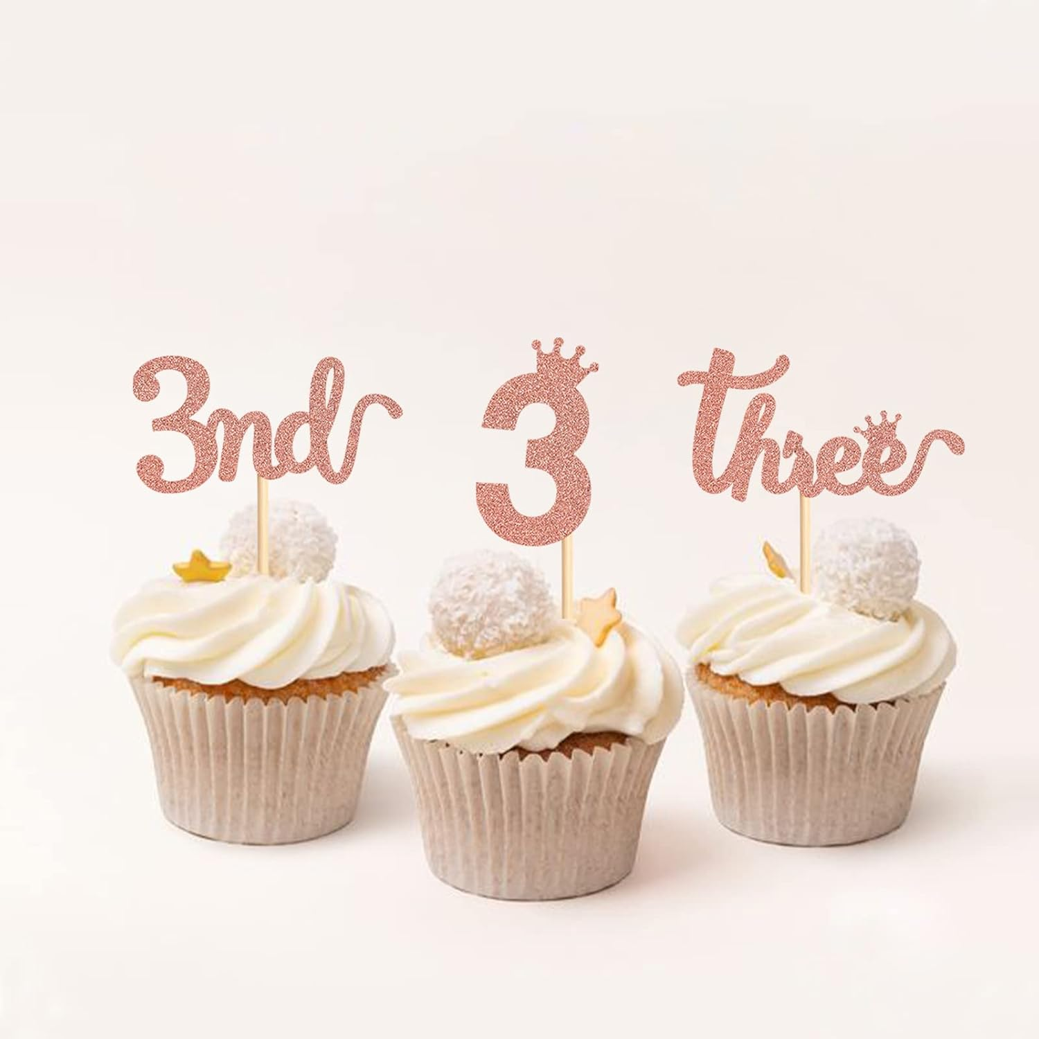 24PCS 3Nd Crown Birthday Cupcake Toppers Three Birthday Three Cupcake Picks Baby Shower Theme Prince Crown Party Cake Decorations Supplies Rose Gold image number 1