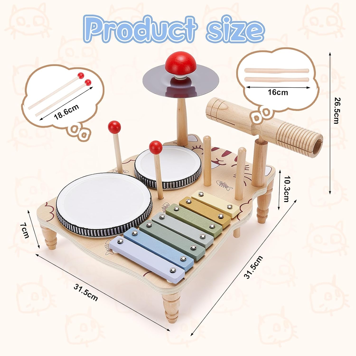 Wooden Drum Set for Toddlers, Baby Musical Instrument Set Kids Toys, Natural Wooden Montessori Toys Xylophone Music Kit Baby Sensory Toys Months Birthday Gifts for Girls Boys image number 3