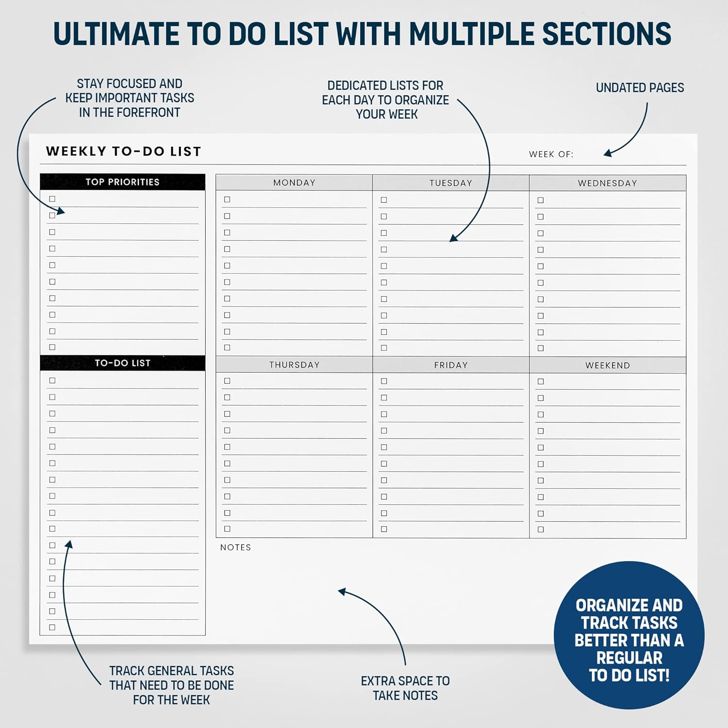 Weekly Planner Pad: to Do List Desk Notepad with Multiple Sections - 8.5X11" 52 Sheets - Undated Tear off Notebook Calendar - Habit Planning Tracker, Task Goal Checklist Organizer - Agenda Plan Pad image number 4