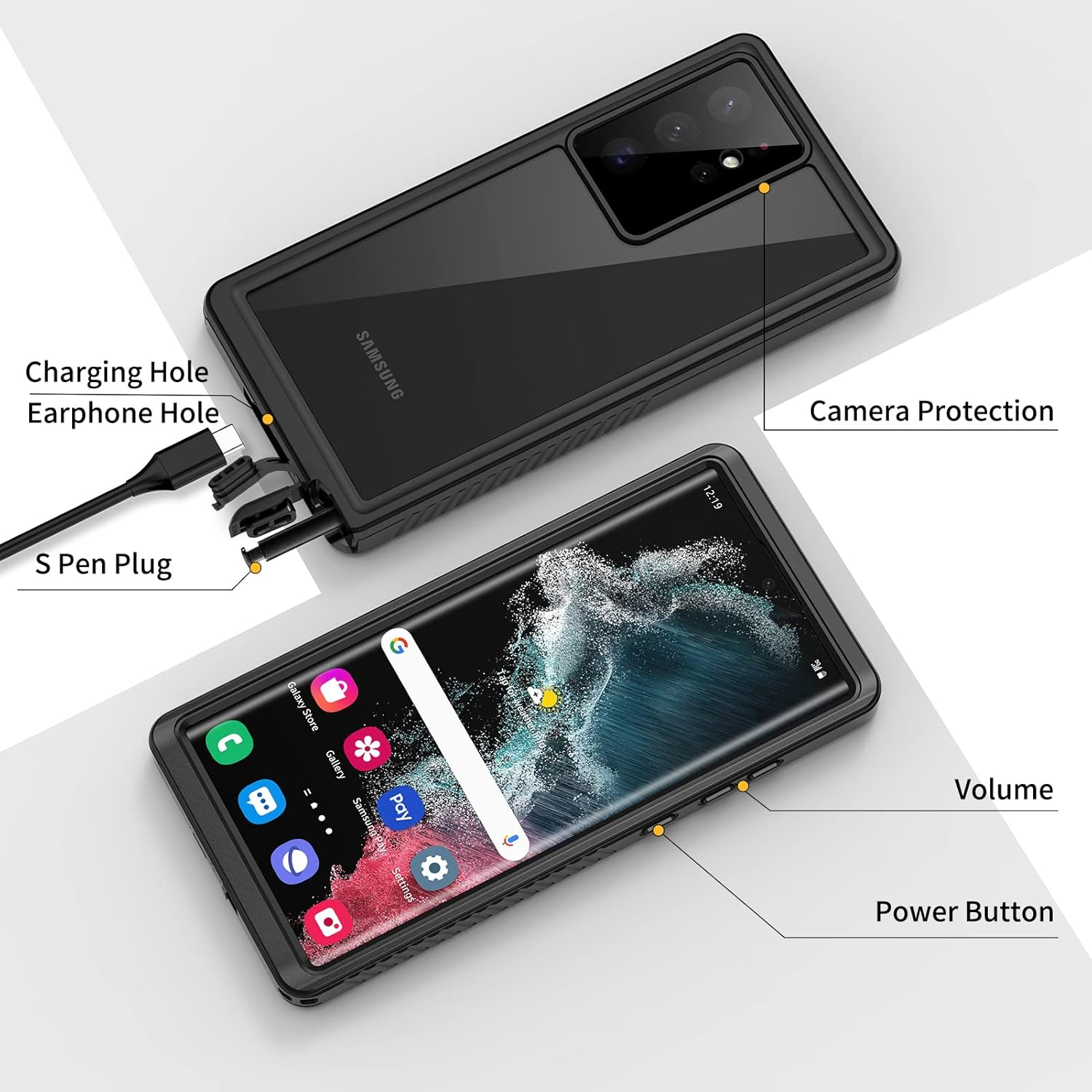 Lanhiem for Samsung Galaxy S22 Ultra Case IP68 Waterproof Dustproof Shockproof Case with Built-In Screen Protector, Full Body Underwater Protective Cover for Galaxy S22 Ultra 5G 6.8 Inch, Black/Clear image number 5