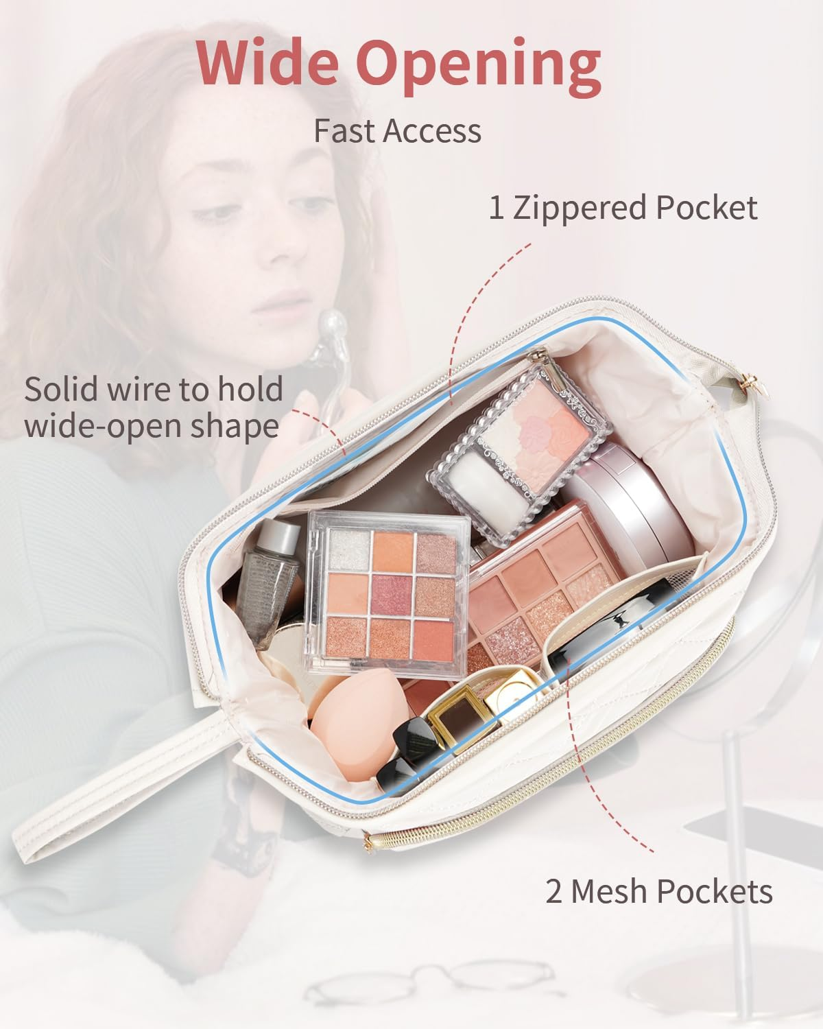 Wandering Nature Makeup Bag, Travel Make up Case, Makeup Organizer Bag with Handle, Back Pocket, (Beige) Patent Pending image number 1