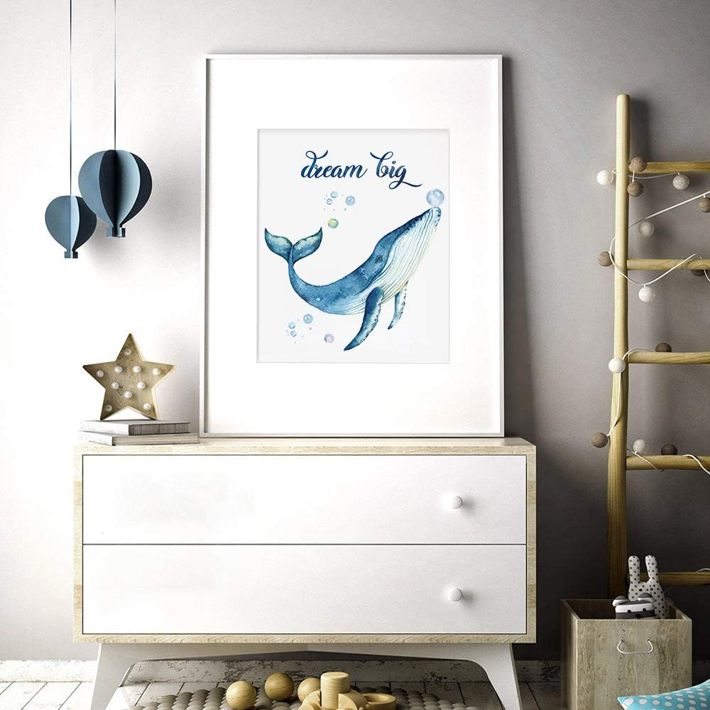 SUUURA-OO Lovely Inspirational Words Texture of Dreams Watercolor Sea Marine Life Art Print Set of 4 (8&rdquo;X10&rdquo;), Sea Turtle Seahorse Fish Whale Jellyfish Wall Poster, Blue Ocean Theme Nursery Kids Room Wall Decor