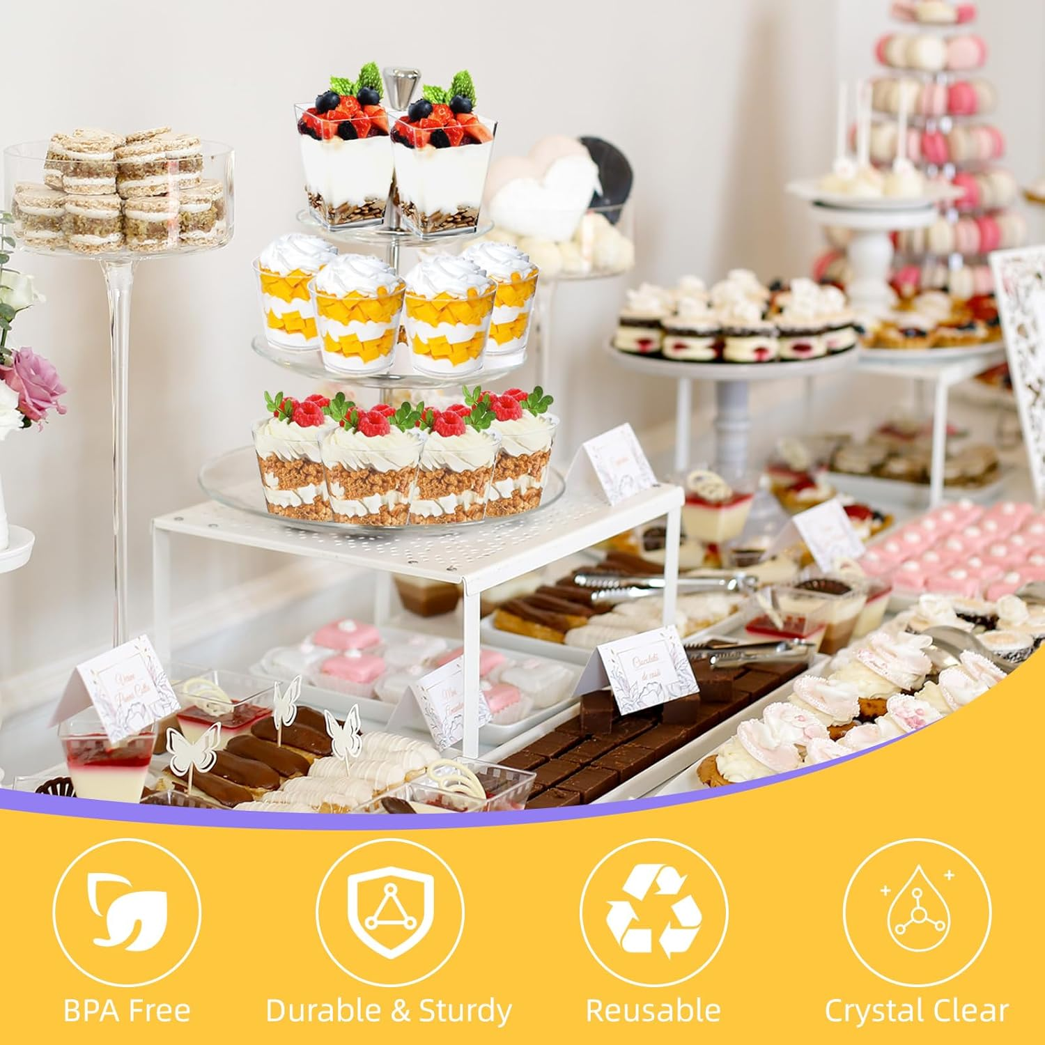 60 Pcs Clear Plastic Dessert Cups with Spoons, 200Ml/7Oz ＆150Ml/5Oz Small Reusable Plastic Dessert Cups for Party, Birthday, Appetizer, Puddings, Mousse, Yogurt & Ice Cream image number 5