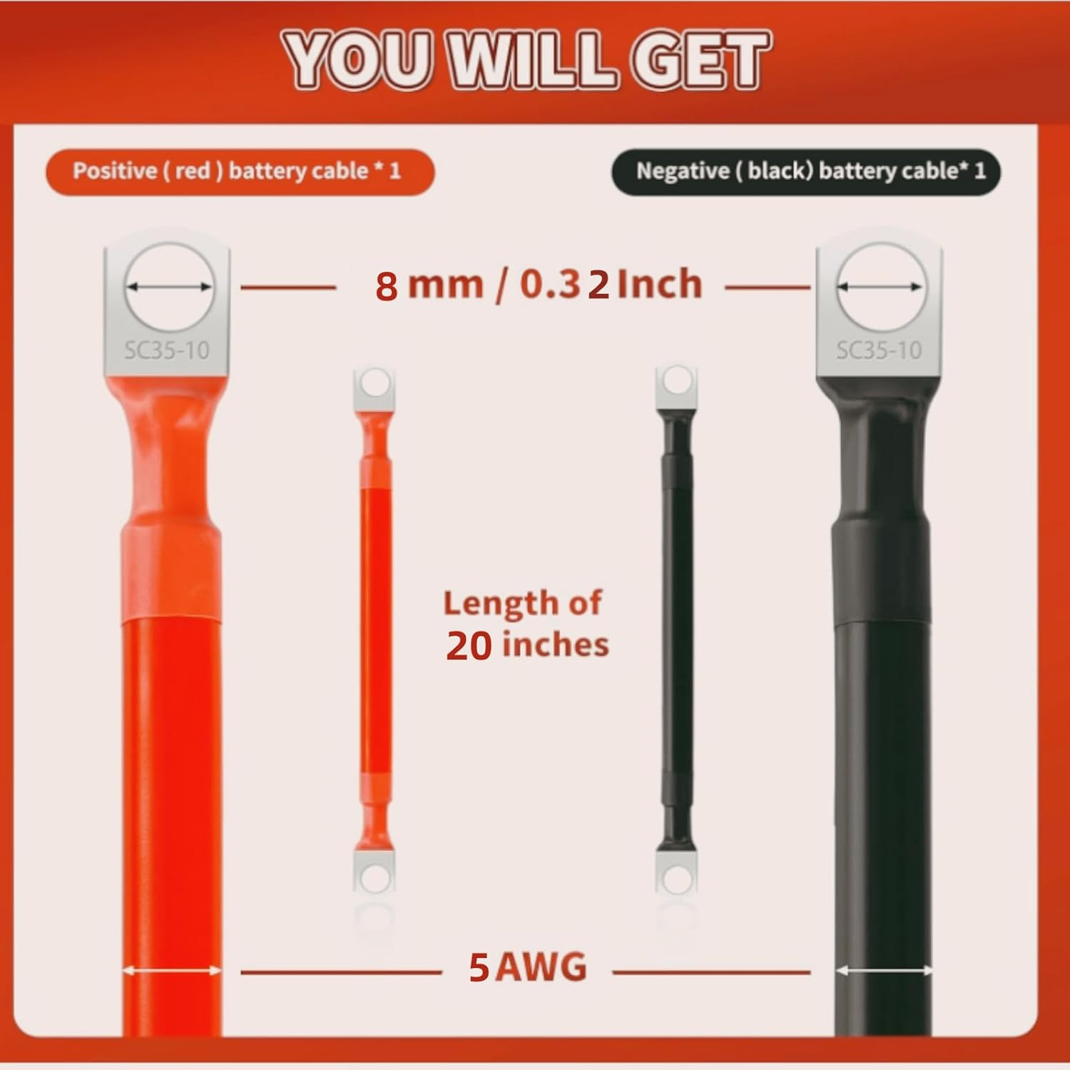 2PCS 5/16" M8 Battery Cable Set,50Cm 5AWG Copper Power Inverter Cables with Terminals for Car, Vehicle, RV, Solar Application and More(Red+Black image number 1