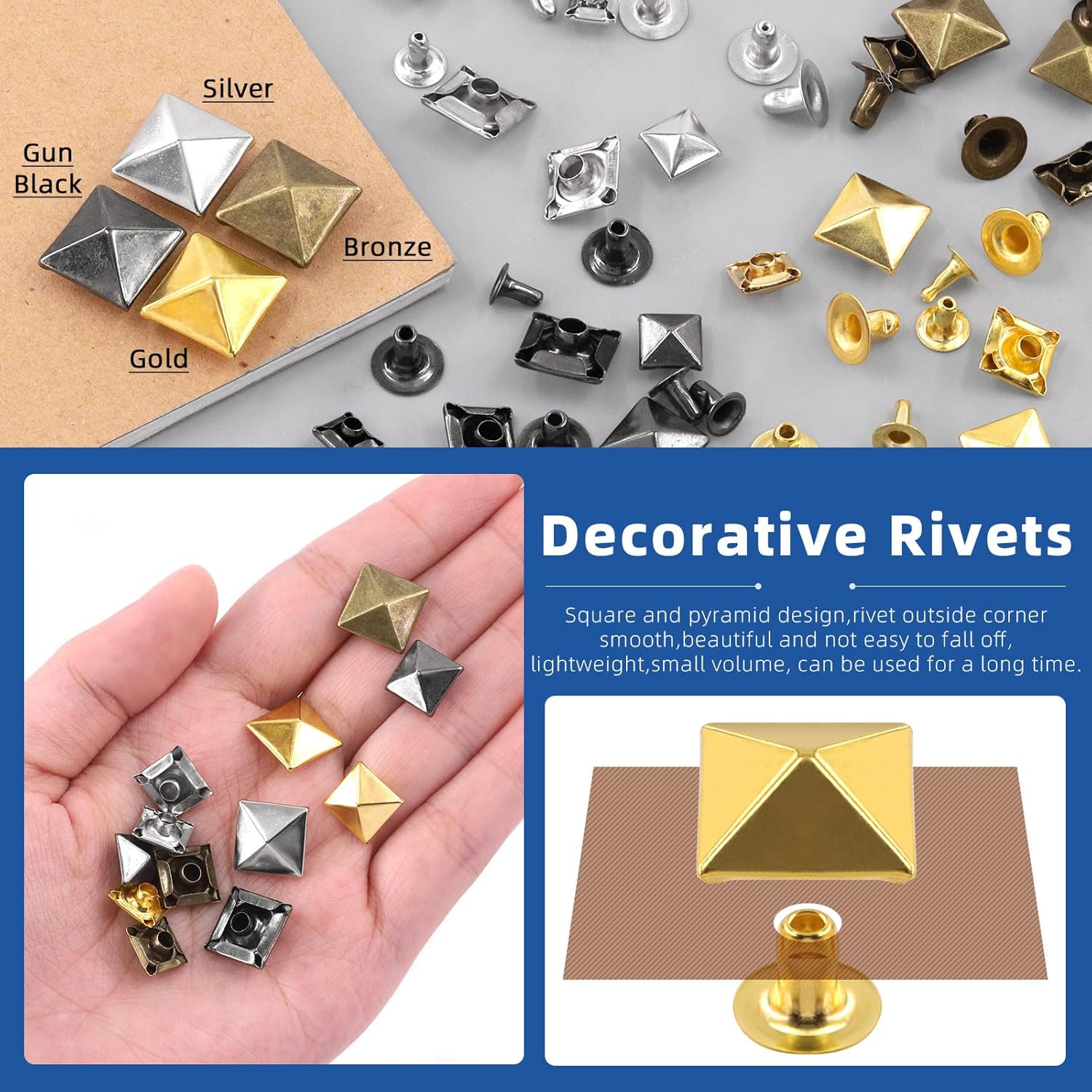 Glarks 150Pcs Bronze Spike Rivet, 6Mm 7Mm 8Mm 9Mm 10Mm 12Mm Pyramid Rapid Rivet Studs Square Punk Spikes Leather Craft Decoration for Clothing Belts Bags Shoes image number 6