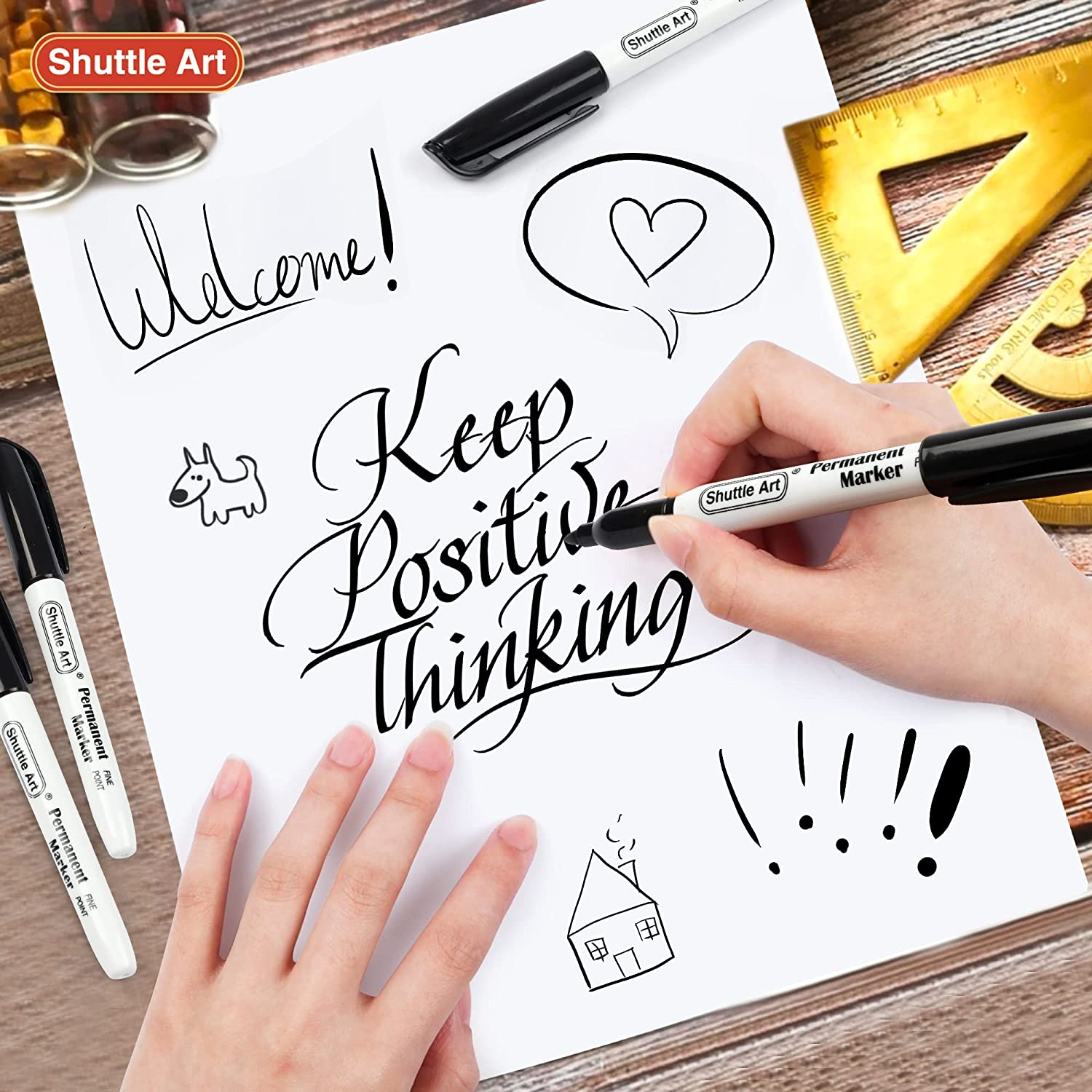 Permanent Markers,Shuttle Art 30 Pack Black Permanent Marker Set,Fine Point, Works on Plastic,Wood,Stone,Metal and Glass for Doodling, Marking image number 3