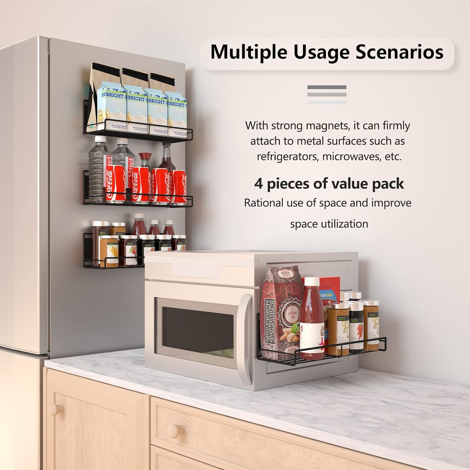 4 Pack Magnetic Spice Rack for Refrigerator,Spice Storage Fridge Shelf for Kitchen Organizer,Easy to Use (Black, 4 Pack) image number 5