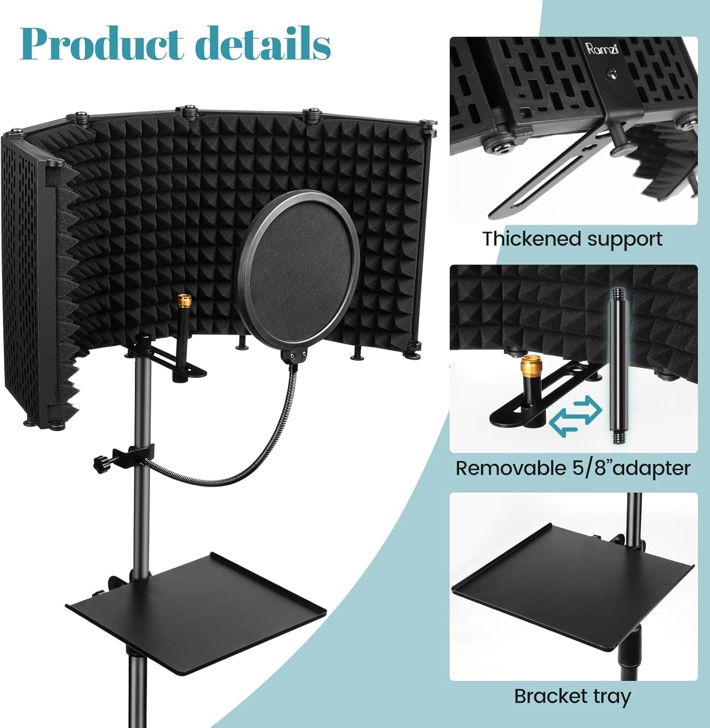 Microphone Isolation Shield with Pop Filter & Tripod Stand, Foldable Mic Shield with Triple Sound Insulation, High Density Mic Sound Shield for Recording Studio, Podcasts, Singing