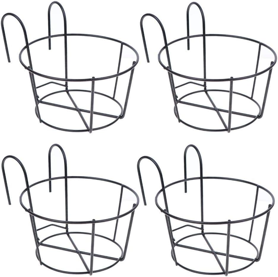 4 Pack Hanging Railing Planters Flower Pot Holders Plant Iron Racks Fence Metal Potted Stand Mounted Balcony round Plant Baskets Shelf Container Box for Indoor&Outdoor Use-Black,Garden Steel Pots,6.3"