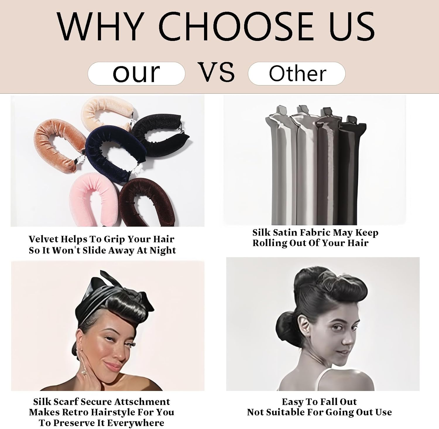 Heatless Hair Curler Curling Rod Headband, Sleep Overnight Heatless Curling Rollers Set Styling Tools for Women Girls, 4 Pack Beige Curling Rods with One Silk Head Scarf - Khaki Color image number 6