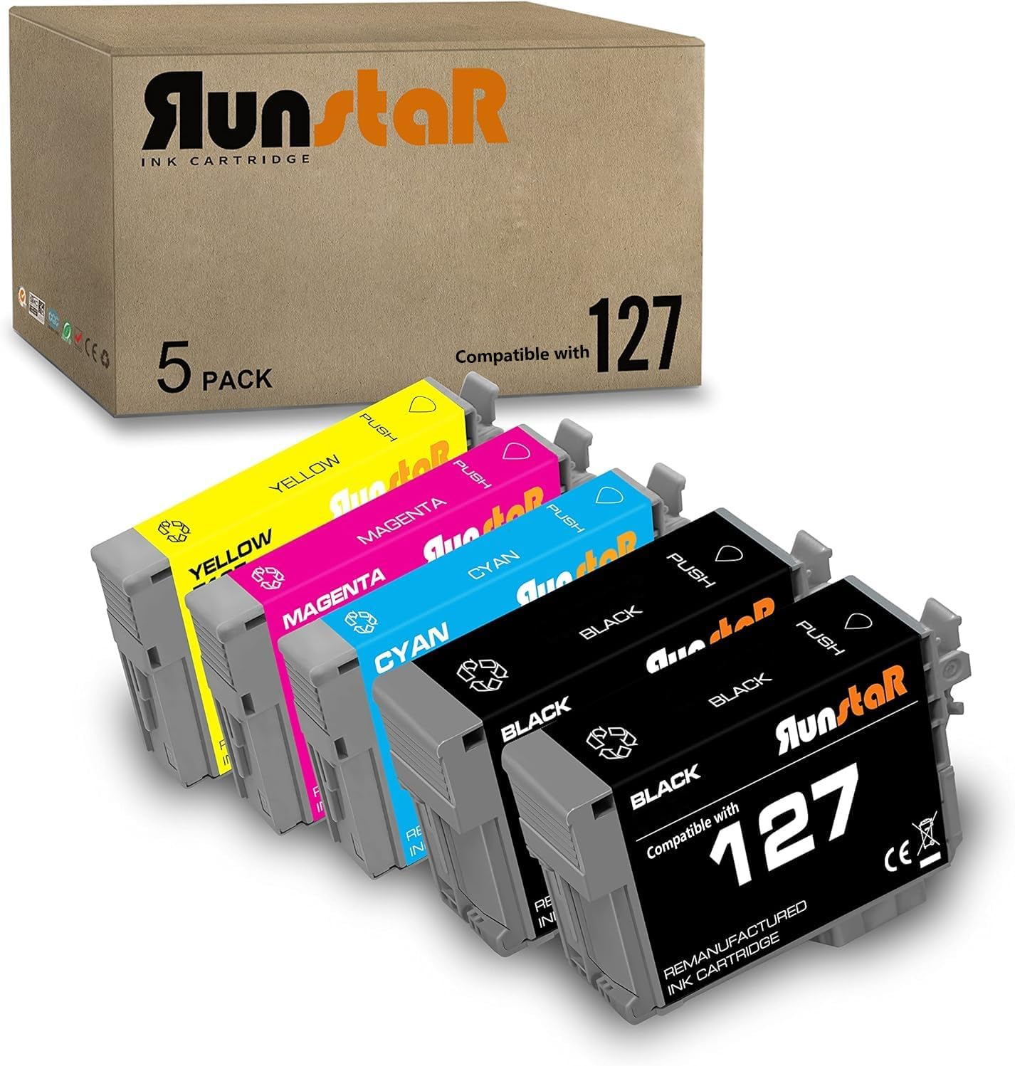 Run Star 5 Pack T127 Remanufactured Ink Cartridge Replacement for Epson 127 Use for WF-3520 WF-3540 WF-7010 WF-7510 60 530 625 840 545 Printer (2 Black 1 Cyan 1 Magenta 1 Yellow) image number 1
