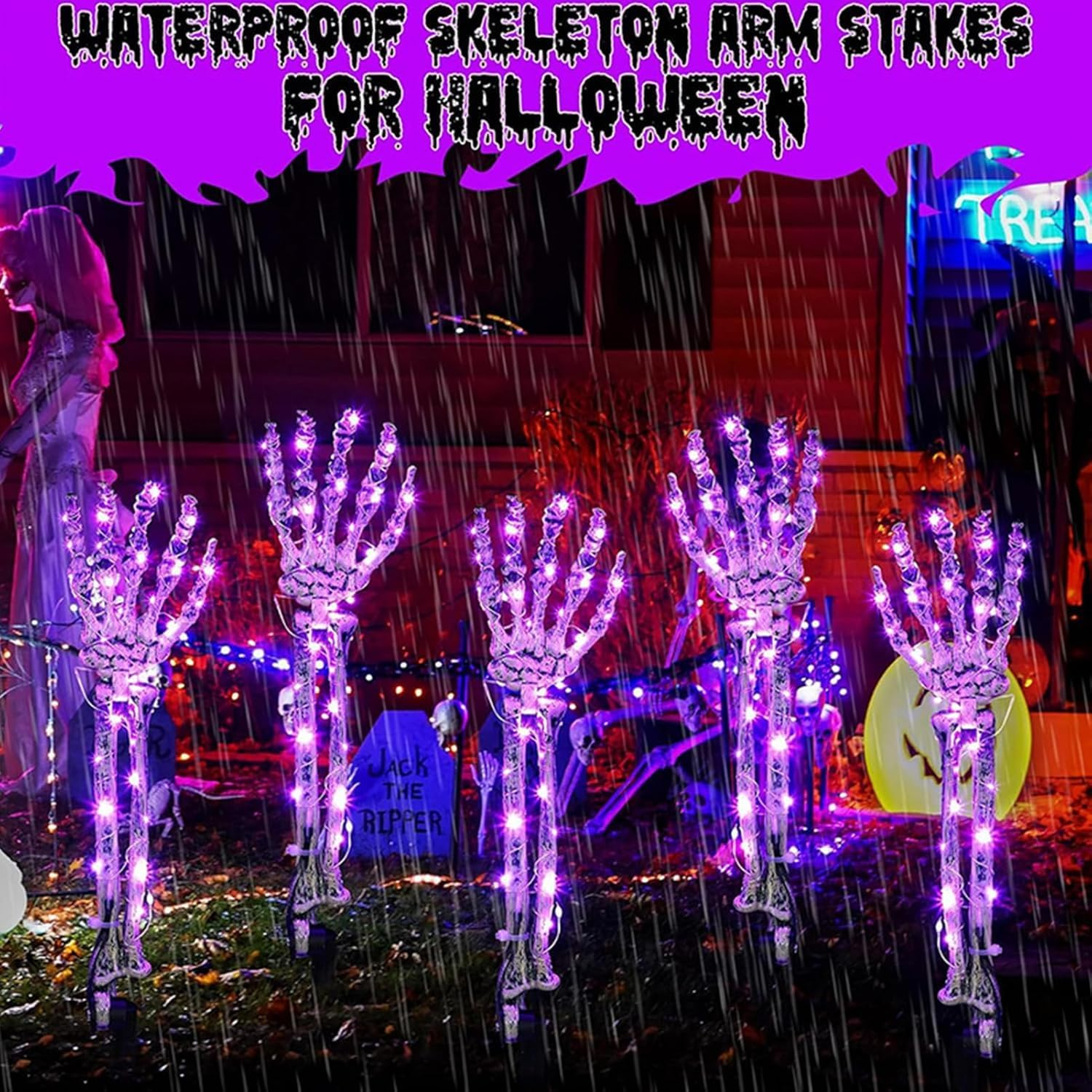 5 Pack Halloween Light Skeleton Decoration, 8 Modes 150LED Purple Garden Lights Skeleton Arm Stakes, Zombie Hand Stake Light,Waterproof, Scary Indoor Outdoor Halloween Party Props Yard Pathway Lights image number 1
