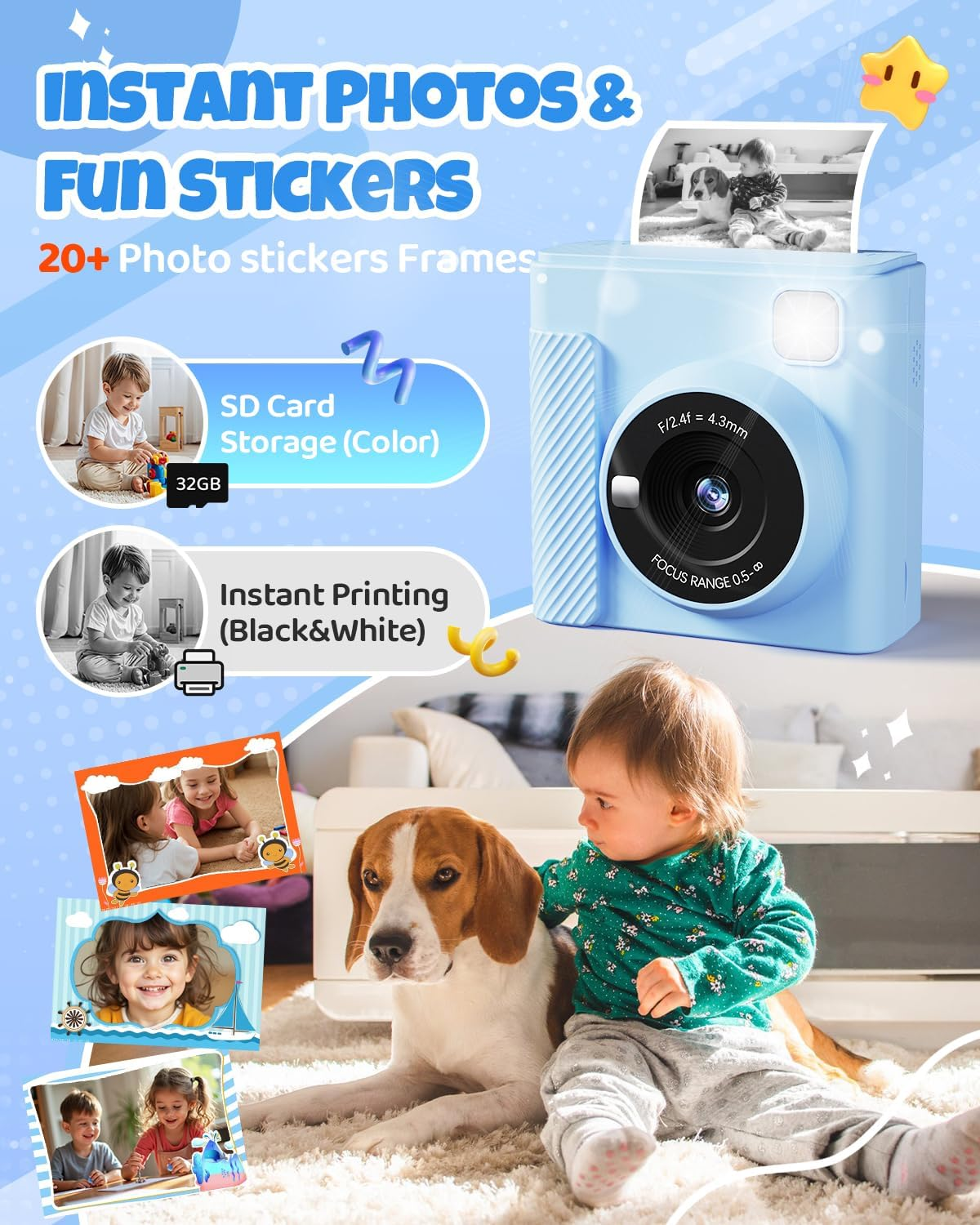 Kids Instant Print Camera, Christmas Birthday Gifts for Girls and Boys, 1080P HD Video Digital Kids Camera with Print Paper & 32G Card, Toddler Toy for 3-14 Years Old (Blue) image number 4